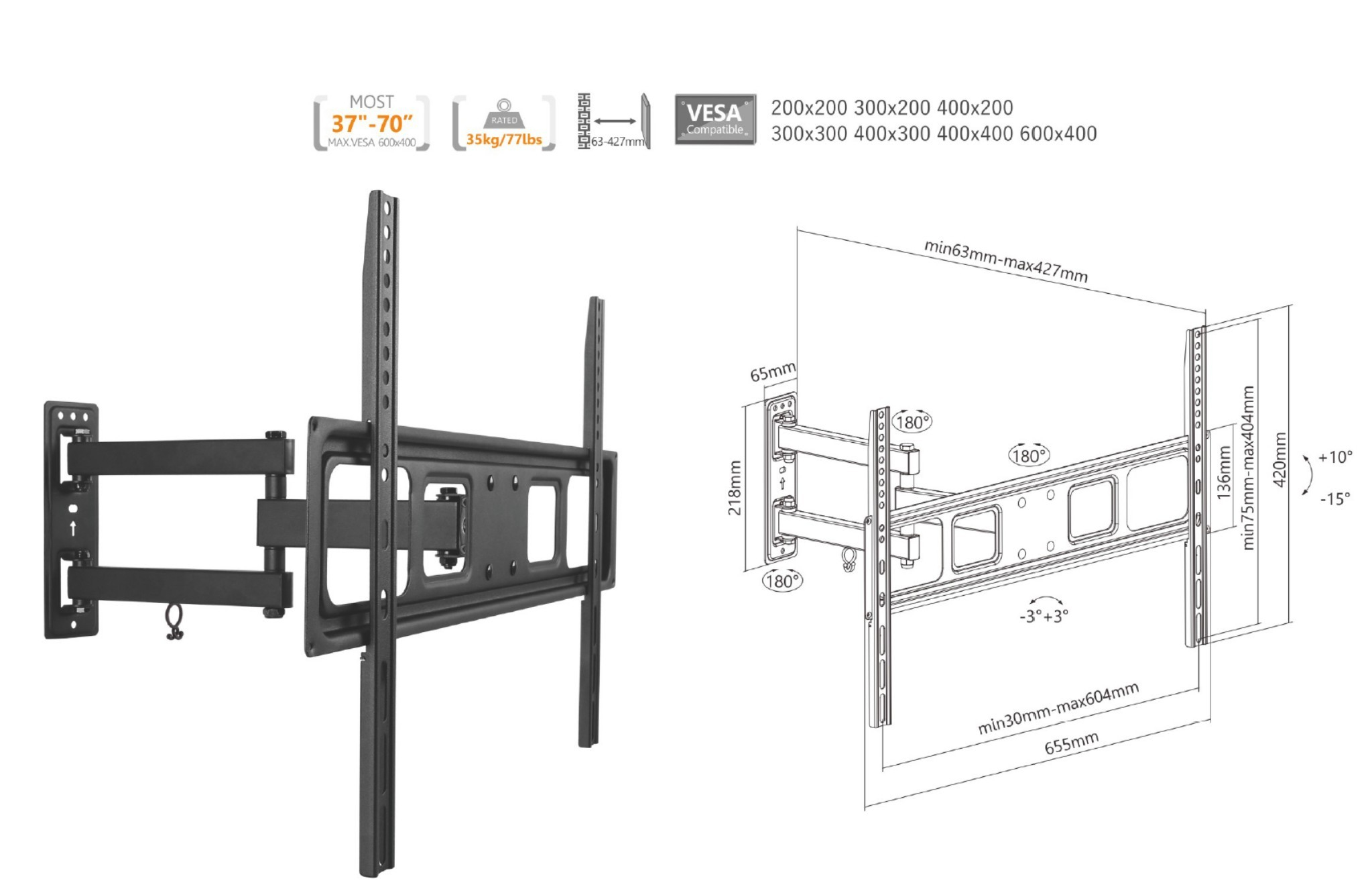 Equip Halterung - Voll beweglich - LCD-Display / Curved LCD-Display - stainless steel - Schwarz - 94-177.8 cm (37-70), Ansicht 2