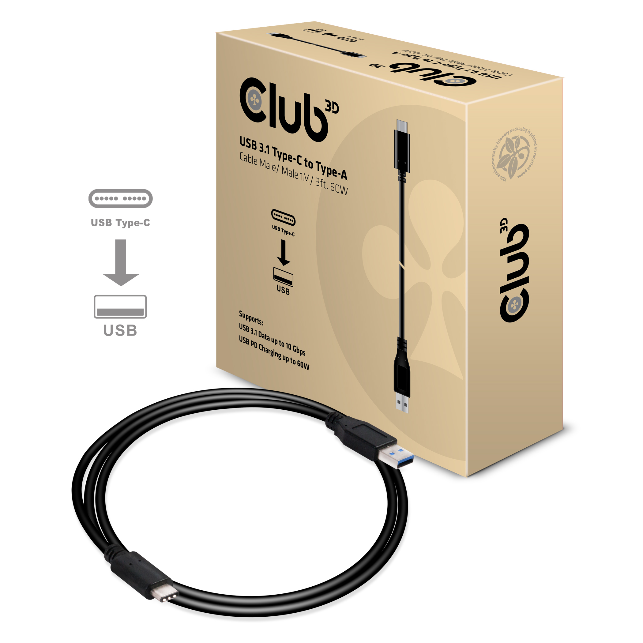Club 3D USB-Kabel - 24 pin USB-C (M) zu USB (M), Ansicht 3
