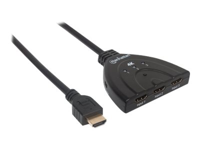 Manhattan HDMI Switch 3-Port, 4K@60Hz, Connects x3 HDMI sources to x1 display, Manual Switching (via button), Integrated Cable (58cm), No external power required, Black, Three Year Warranty, Blister - Video/Audio-Schalter - 3 x HDMI - Desktop
