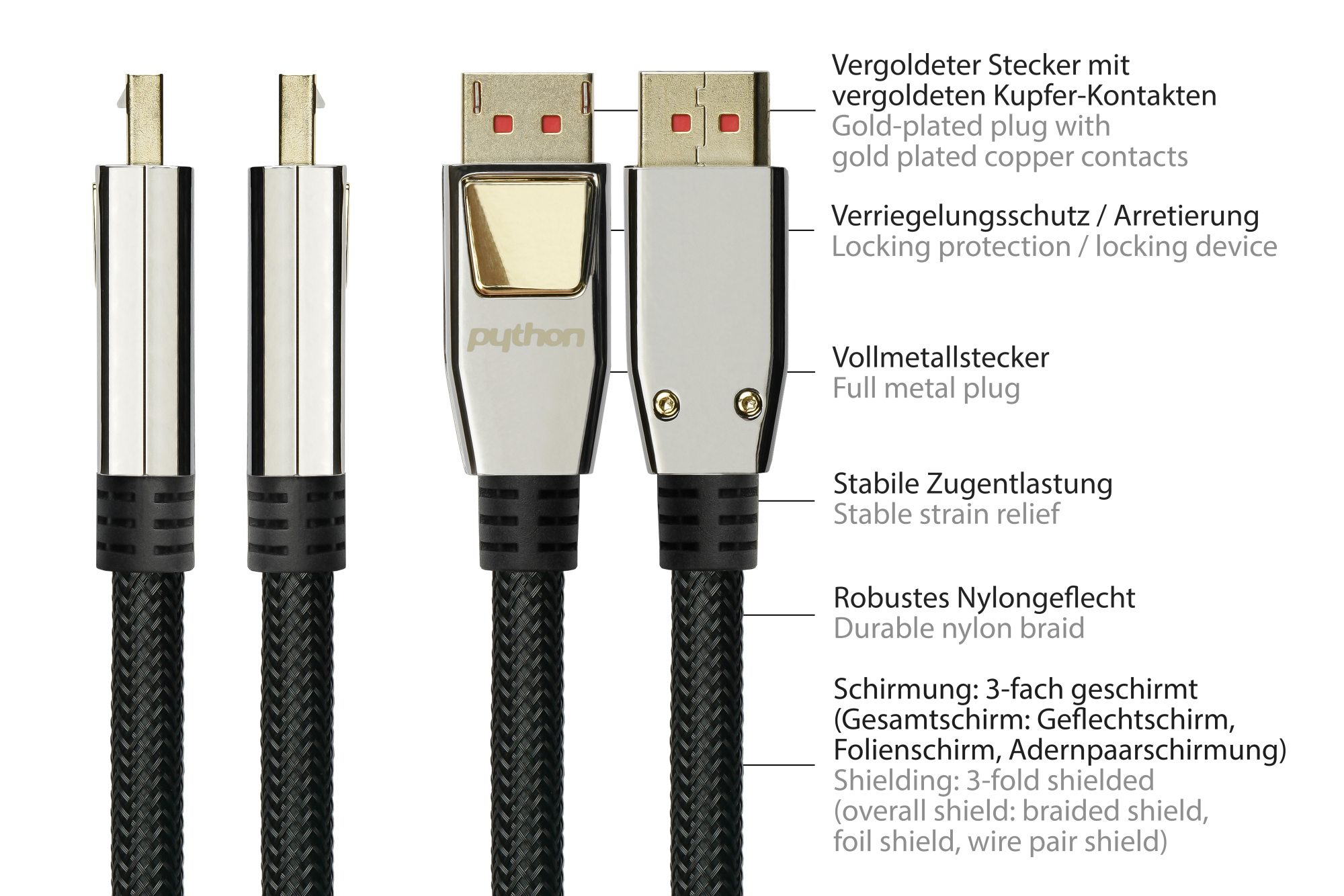 PYTHON DisplayPort 1.4 an HDMI 2.0 Kabel Nylong. schwarz - Kabel - Digital/Display/Video, Ansicht 3