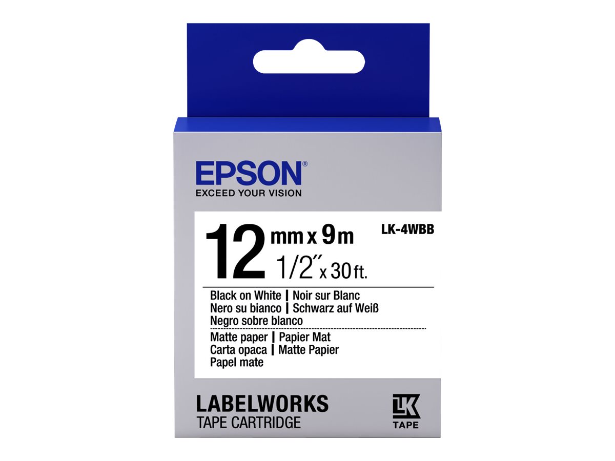 Epson LabelWorks LK-4WBB - Schwarz auf matt Weiß - Rolle (1,2 cm x 9 m) 1 Kassette(n) Etikettenband - für LabelWorks LW-1000, 300, 400, 600, 700, 900, K400, Z5000, Z5010, Z700, Z710, Z900