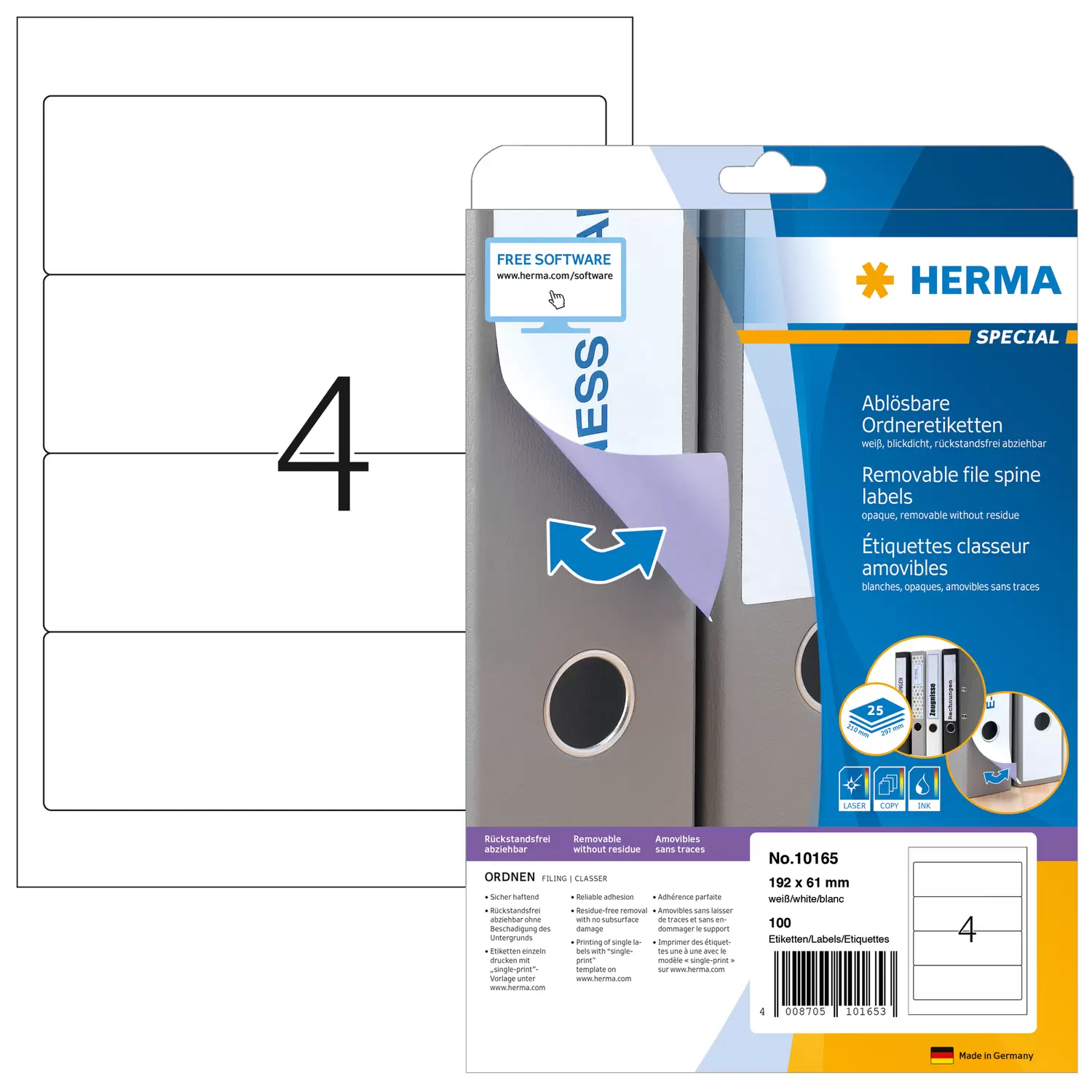 HERMA Special - Papier - matt - selbstklebend, entfernbarer Klebstoff - weiß - 192 x 61 mm 100 Etikett(en)(25 Bogen x 4), Ansicht 4