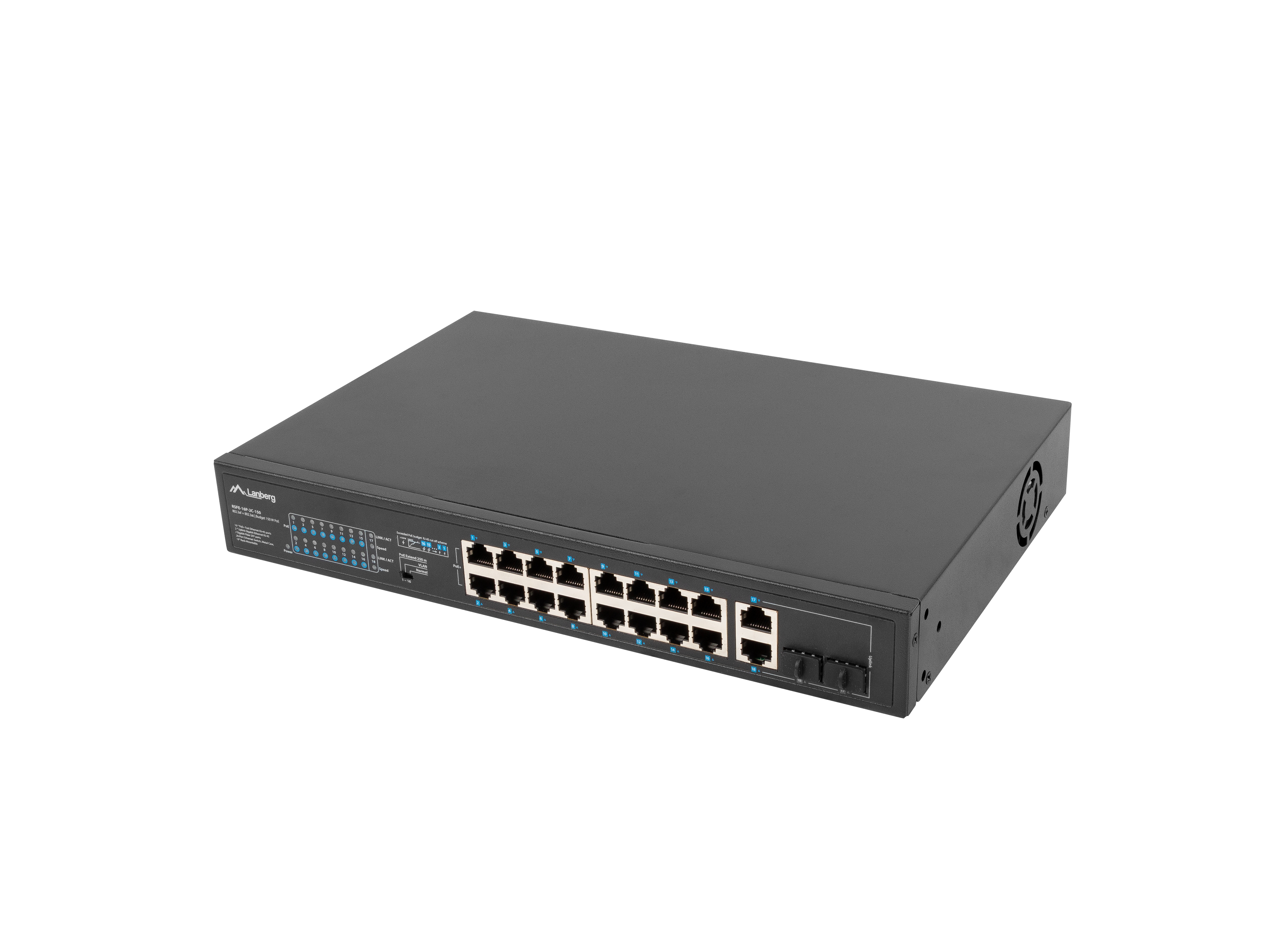Lanberg RSFE-16P-2C-150 - Unmanaged - Gigabit Ethernet (10/100/1000) - Power over Ethernet (PoE) - Rack-Einbau - 1U, Ansicht 3
