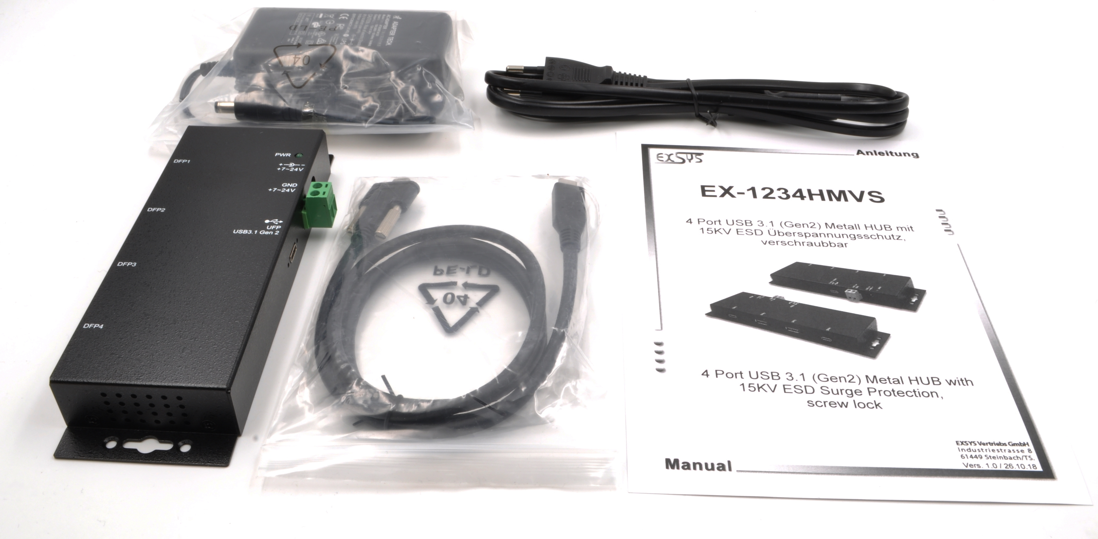 Exsys EX-1234HMVS - Hub - 4 x USB 3.2 Gen 2 - Desktop, wandmontierbar, Ansicht 2
