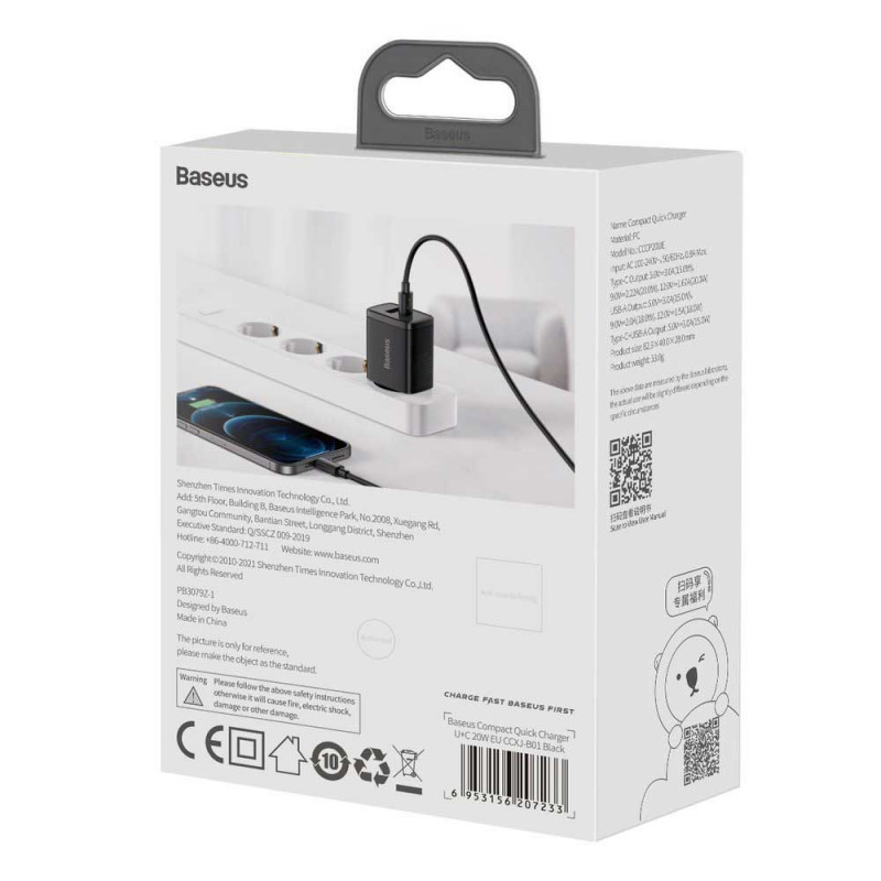 Baseus Compact Quick Adapter 20Watt USB-C+ USB-A sort, Ansicht 4