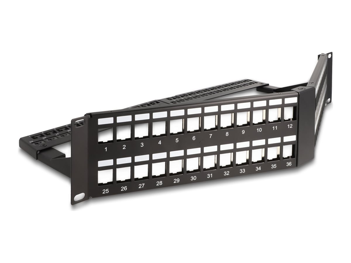 Delock Patch Panel - abgewinkelt mit Zugentlastung - Schrankmontage - Schwarz RAL 9005 - 2U - 48.3 cm (19)