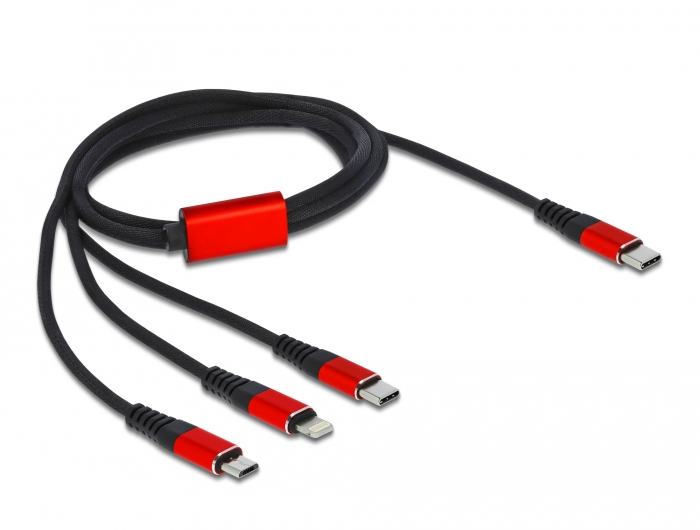 Delock USB Ladekabel 3 in 1 USB Type-C zu Lightning / Micro USB / USB Type-C 1 m, 1 m, USB C, USB C/Micro-USB B/Lightning, USB 2.0, Schwarz, Rot