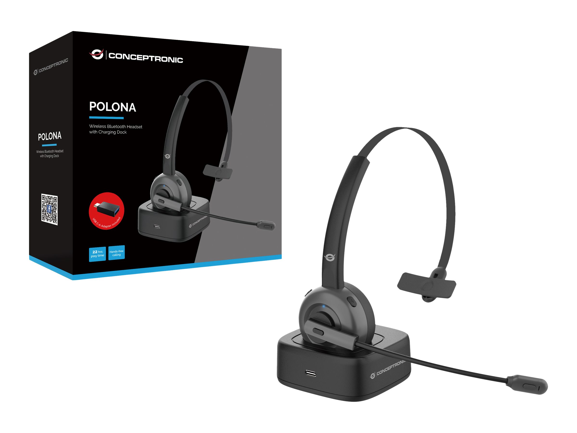 Conceptronic Headset Wireless Bluetooth mit Ladestation sw (POLONA03BD)