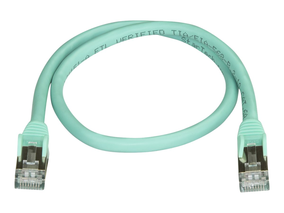 StarTech.com 50cm CAT6A Ethernet Cable, 10 Gigabit Shielded Snagless RJ45 100W PoE Patch Cord, CAT 6A 10GbE STP Network Cable w/Strain Relief, Aqua, UL Certified Wiring/TIA - Category 6A - 26AWG (6ASPAT50CMAQ)