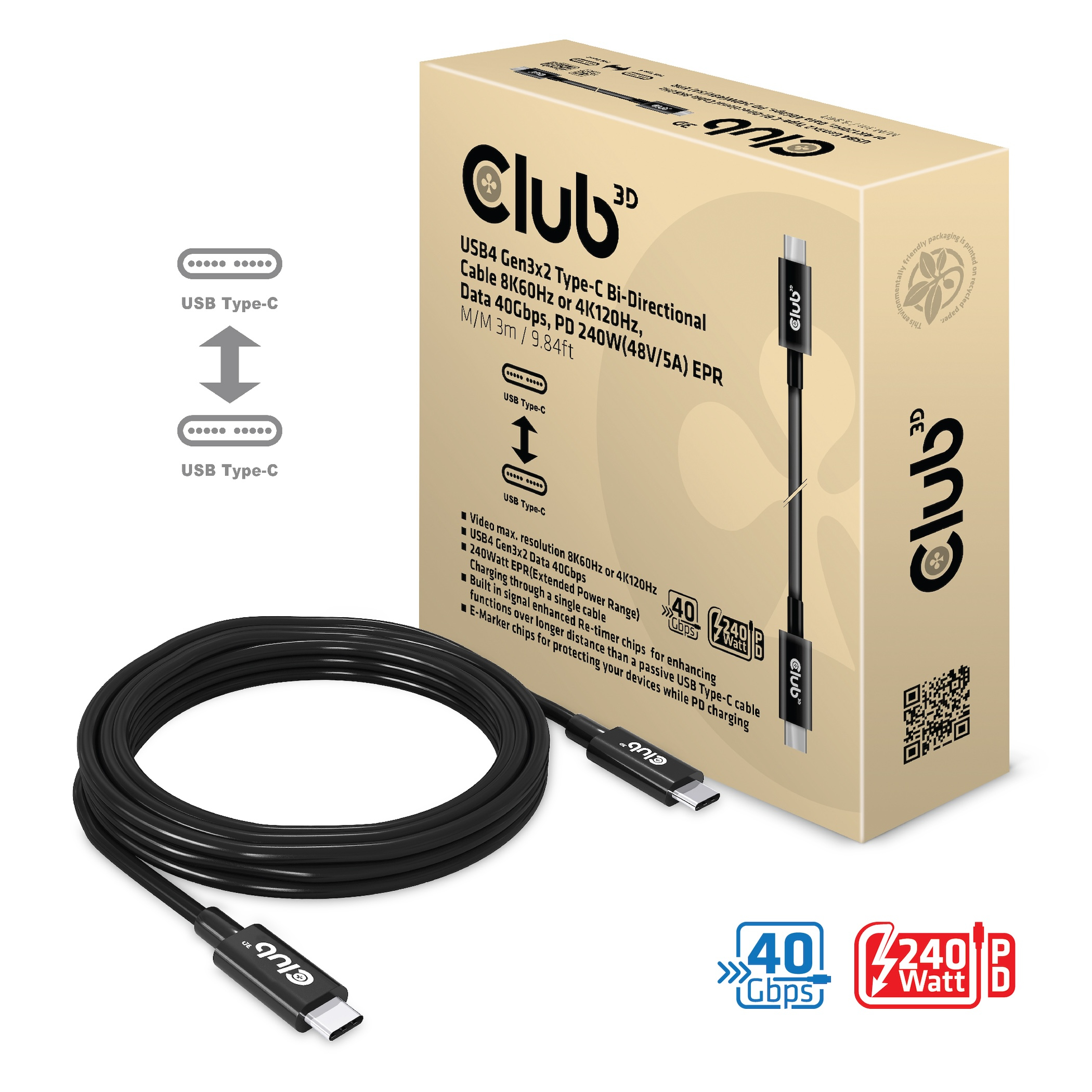 Club 3D USB-Kabel - 24 pin USB-C (M) zu 24 pin USB-C (M) - USB4 Gen3x2 - 48 V - 5 A - 3 m - aktiv -Support von 4K 120 Hz, Ansicht 4