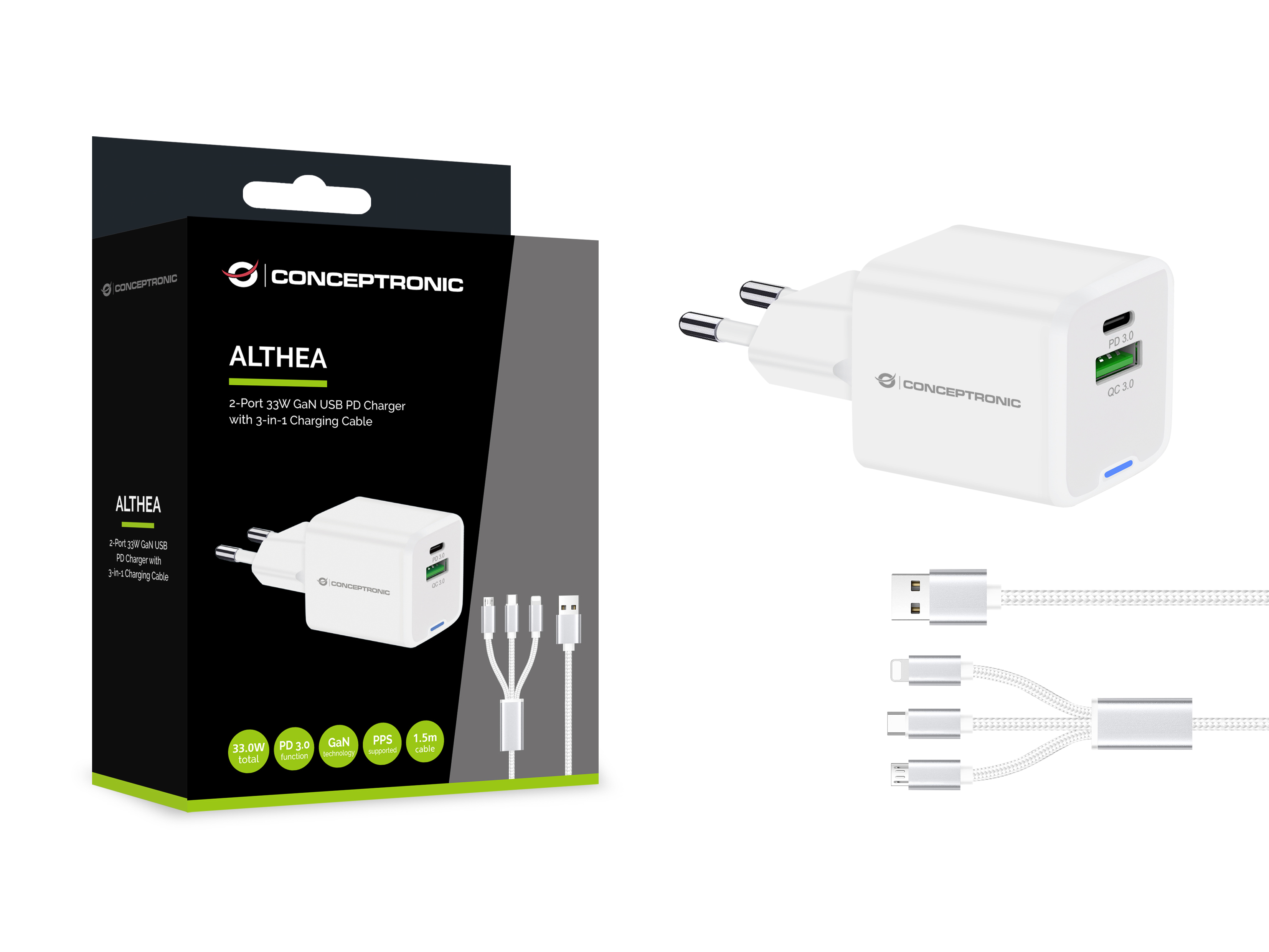 Conceptronic Ladegerät 2Port 33W 1xUSB-C 1xUSB-a+3-in-1 - weiß, Ansicht 3