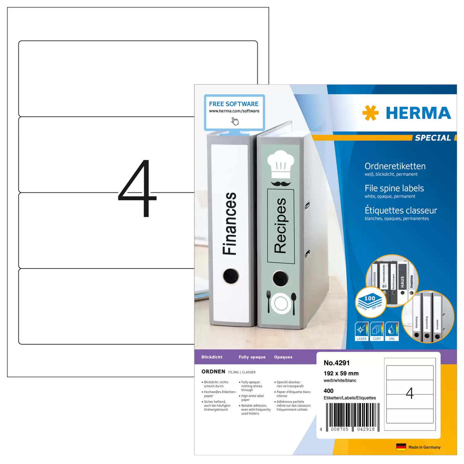 HERMA Special - Papier - matt - permanent selbstklebend - weiß - 192 x 59 mm 400 Etikett(en) (100 Bogen x 4), Ansicht 4