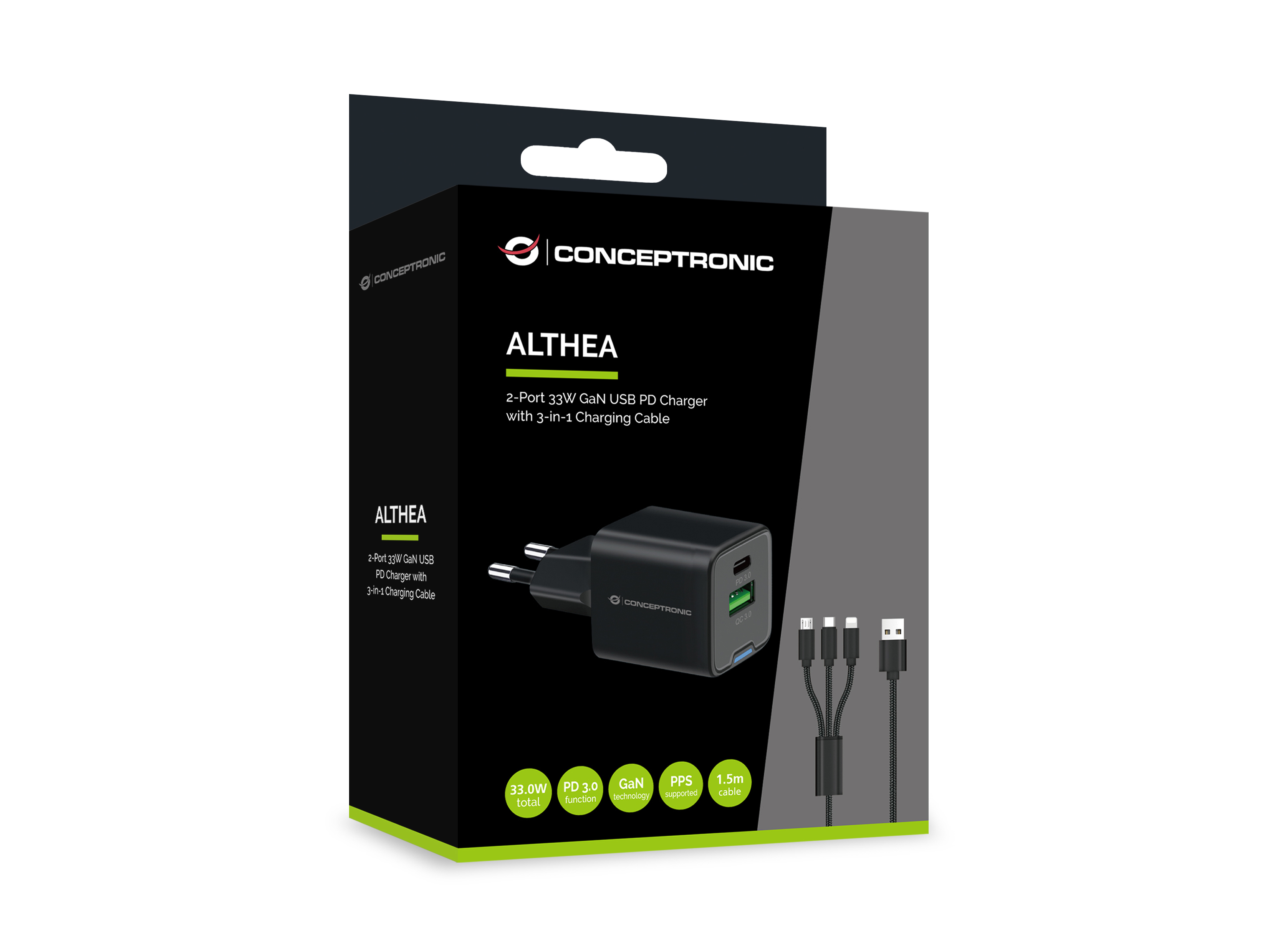 Conceptronic Ladegerät 2Port 33W 1xUSB-C 1xUSB-a+3-in-1 - schwarz, Ansicht 4