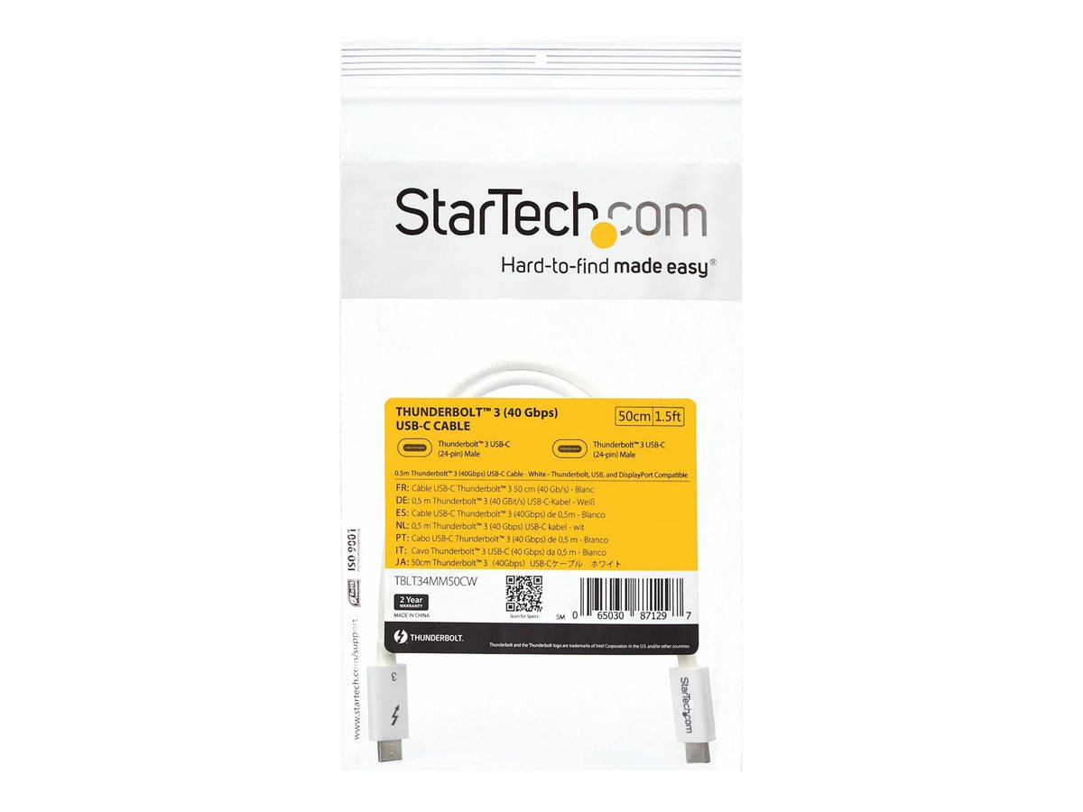 StarTech.com StarTech 1.6ft (50cm) Thunderbolt 3 Cable, 40Gbps, 100W PD, 4K/5K Video, Thunderbolt-Certified, Compatible w/ TB4/USB 3.2/DisplayPort - Thunderbolt-Kabel - USB-C (M)