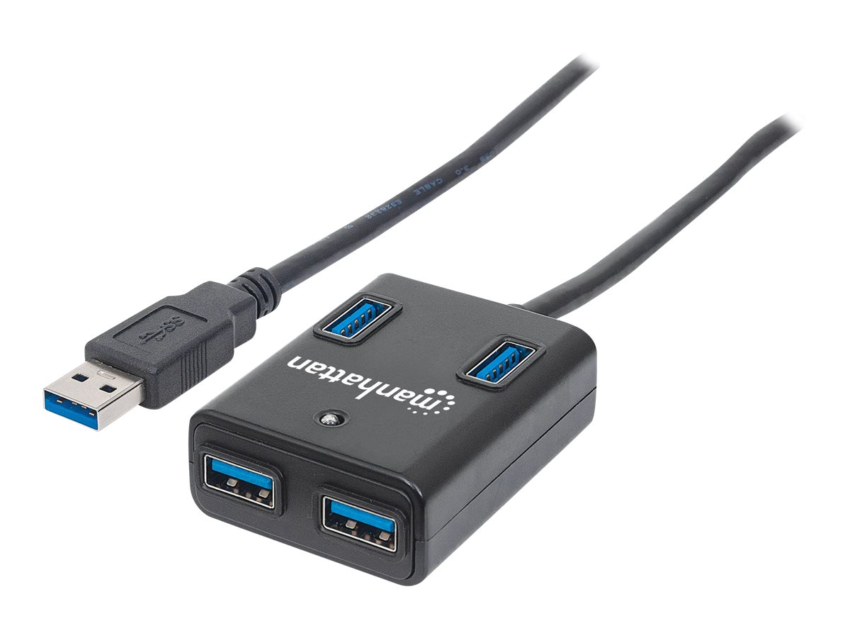 Manhattan USB-A 4-Port Hub, 4x USB-A Ports, 5 Gbps (USB 3.2 Gen1 aka USB 3.0), Bus Power, Fast charging x1 Port up to 0.9A or x4 Ports with power jack (not included), SuperSpeed USB, Black, Three Year Warranty, Blister - Hub - 4 x SuperSpeed USB 3.0 ...