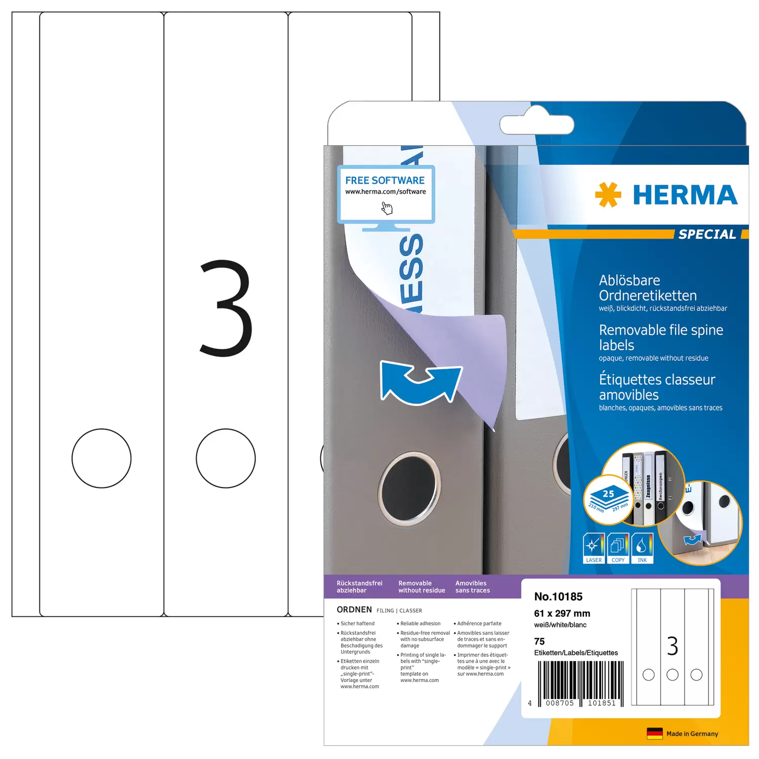 HERMA Special - Papier - matt - selbstklebend, entfernbarer Klebstoff - weiß - 61 x 297 mm 75 Etikett(en) (25 Bogen x 3), Ansicht 4