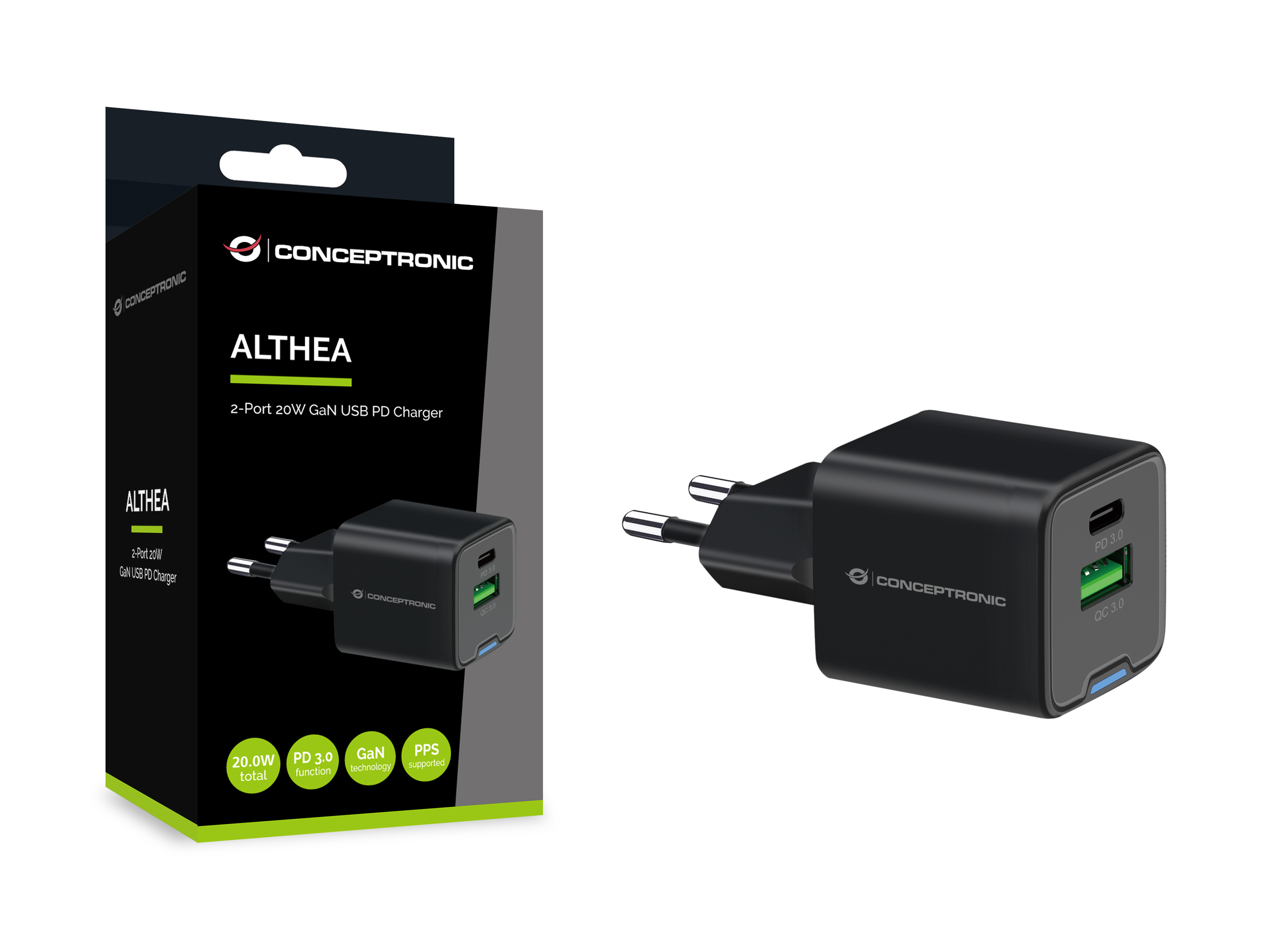 Conceptronic Ladegerät 2Port 20W 1xUSB-C 1xUSB-A 1.5m sw, Ansicht 3