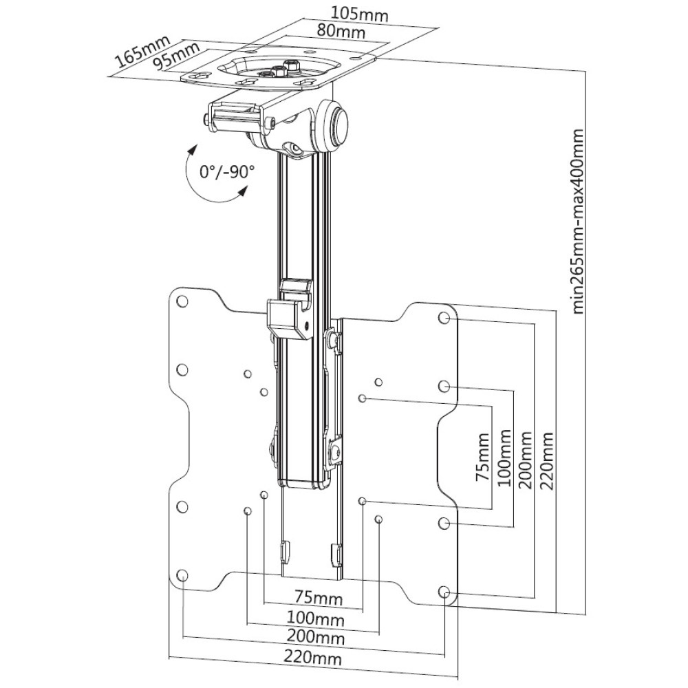 Techly Befestigungskit (Deckenhalterung) - für LCD TV - Stahl - Schwarz, Silber - Bildschirmgröße: 43.2-94 cm (17-37), Ansicht 4