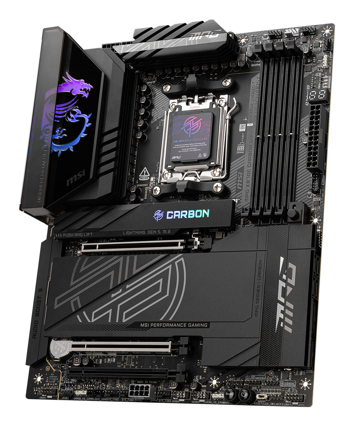 MSI MPG X870E CARBON WIFI - Motherboard - ATX - Socket AM5 - AMD X870E Chipsatz - USB 3.2 Gen 2, USB4, USB-C 3.2 Gen 2x2, Ansicht 3