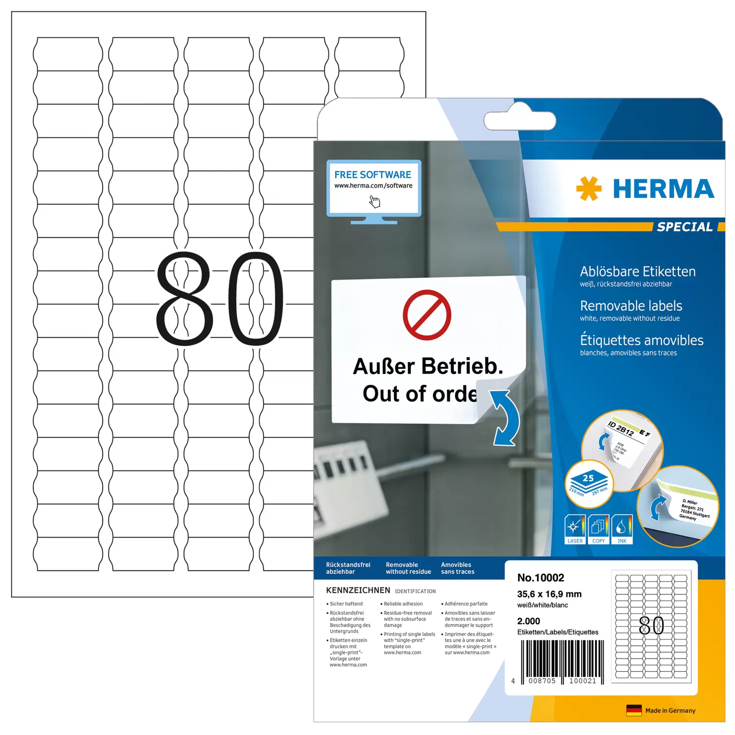 HERMA Special - Papier - entfernbarer Klebstoff - weiß - 35.6 x 16.9 mm 2000 Etikett(en) (25 Bogen x 80), Ansicht 4