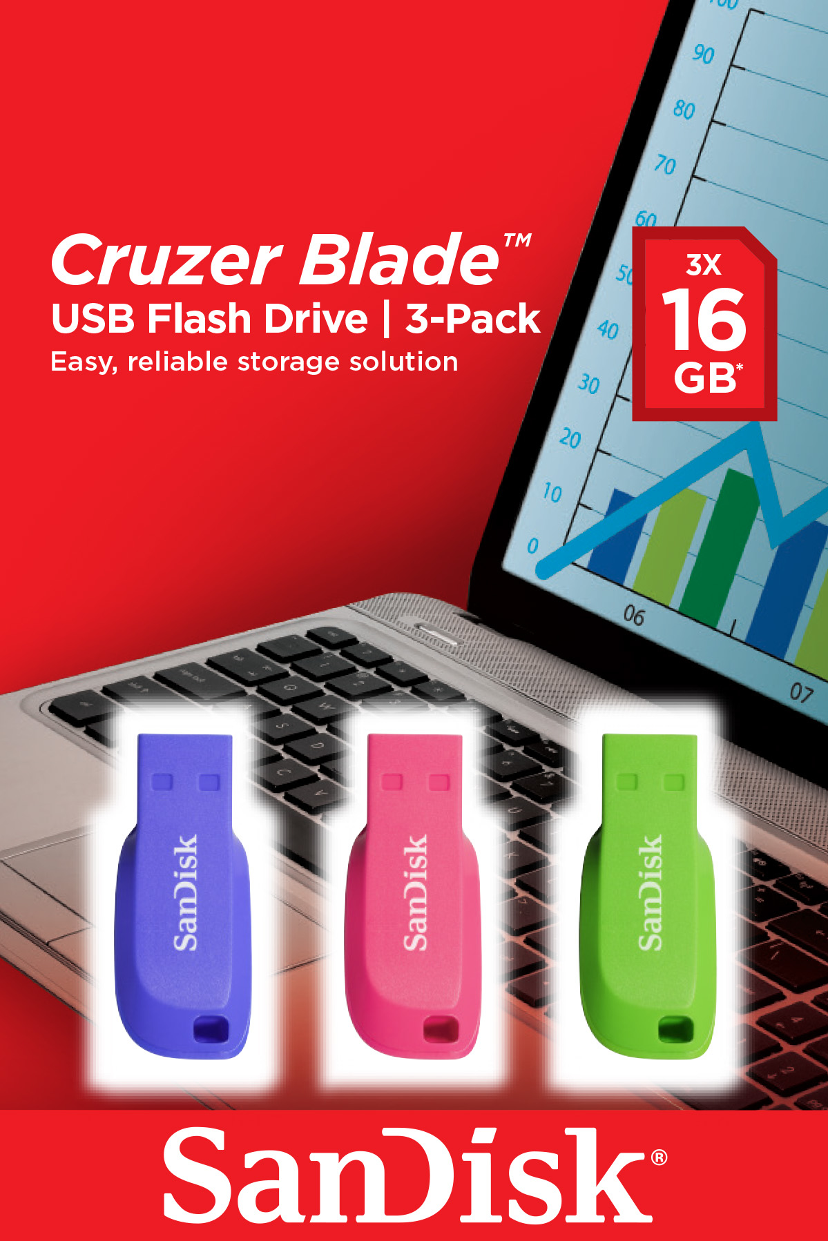 SanDisk Cruzer Blade - USB-Flash-Laufwerk - 16 GB - USB 2.0 - Blau, grün, pink (Packung mit 3), Ansicht 2
