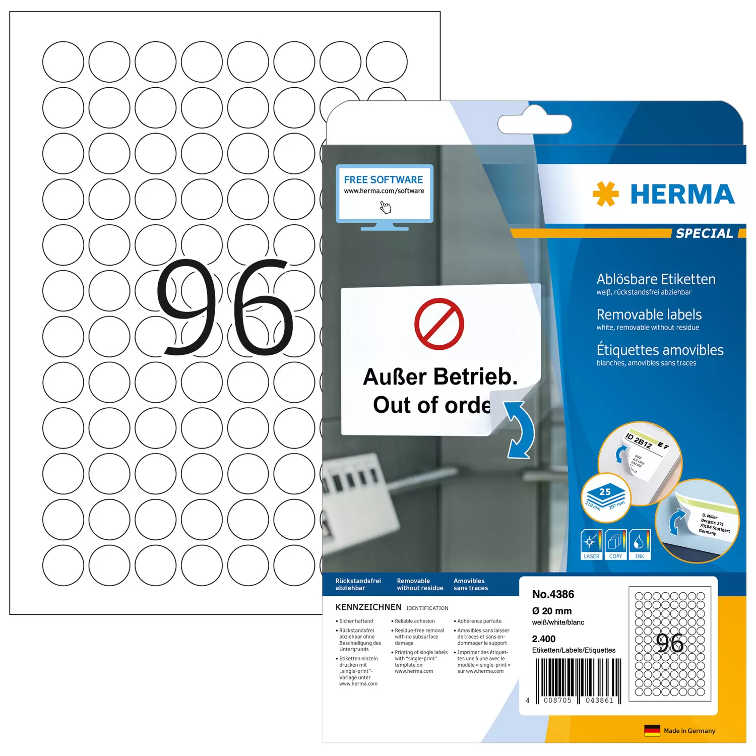 HERMA Special - Papier - matt - selbstklebend, entfernbarer Klebstoff - weiß - 20 mm rund 2400 Etiketten (25 Bogen x 96), Ansicht 4