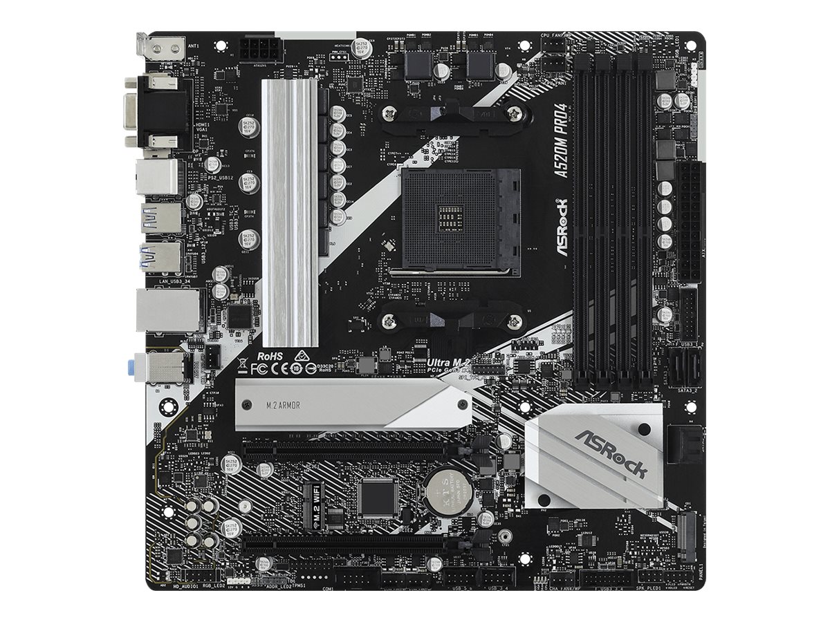 ASRock A520M Pro4 - Motherboard - micro ATX - Socket AM4 - AMD A520 - USB-C Gen1, USB 3.2 Gen 1 - Gigabit LAN - Onboard-