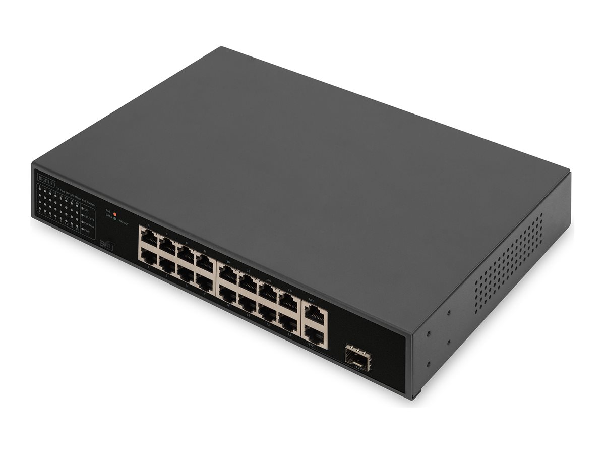 DIGITUS 16-Port Fast Ethernet PoE Netzwerkswitch, 19 Zoll, unmanaged, 2+1 Uplink Ports, RJ45 + SFP, 185 W, af/at