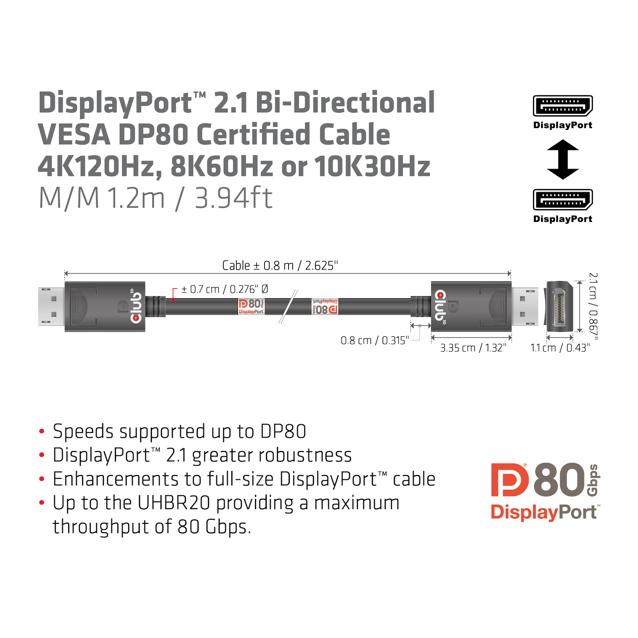 Club 3D DisplayPort-Kabel - DisplayPort (M) - zu DisplayPort (M) - DisplayPort 2.1 - 1.2 m - Support von 4K 120 Hz, Ansicht 3