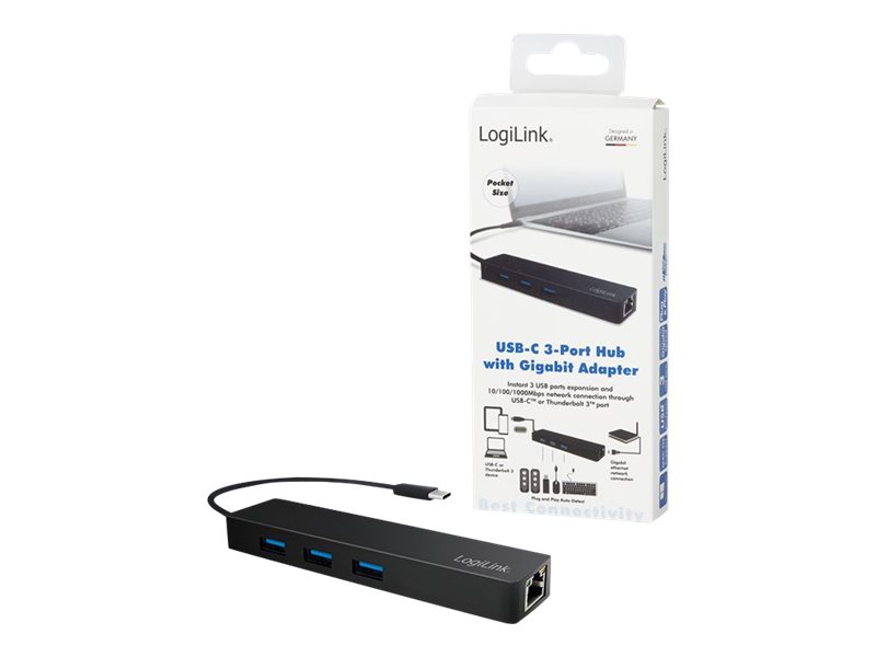 Logilink USB 3.1 HUB 3-port Type-C w/Gigabit LAN schwarz (UA0313)