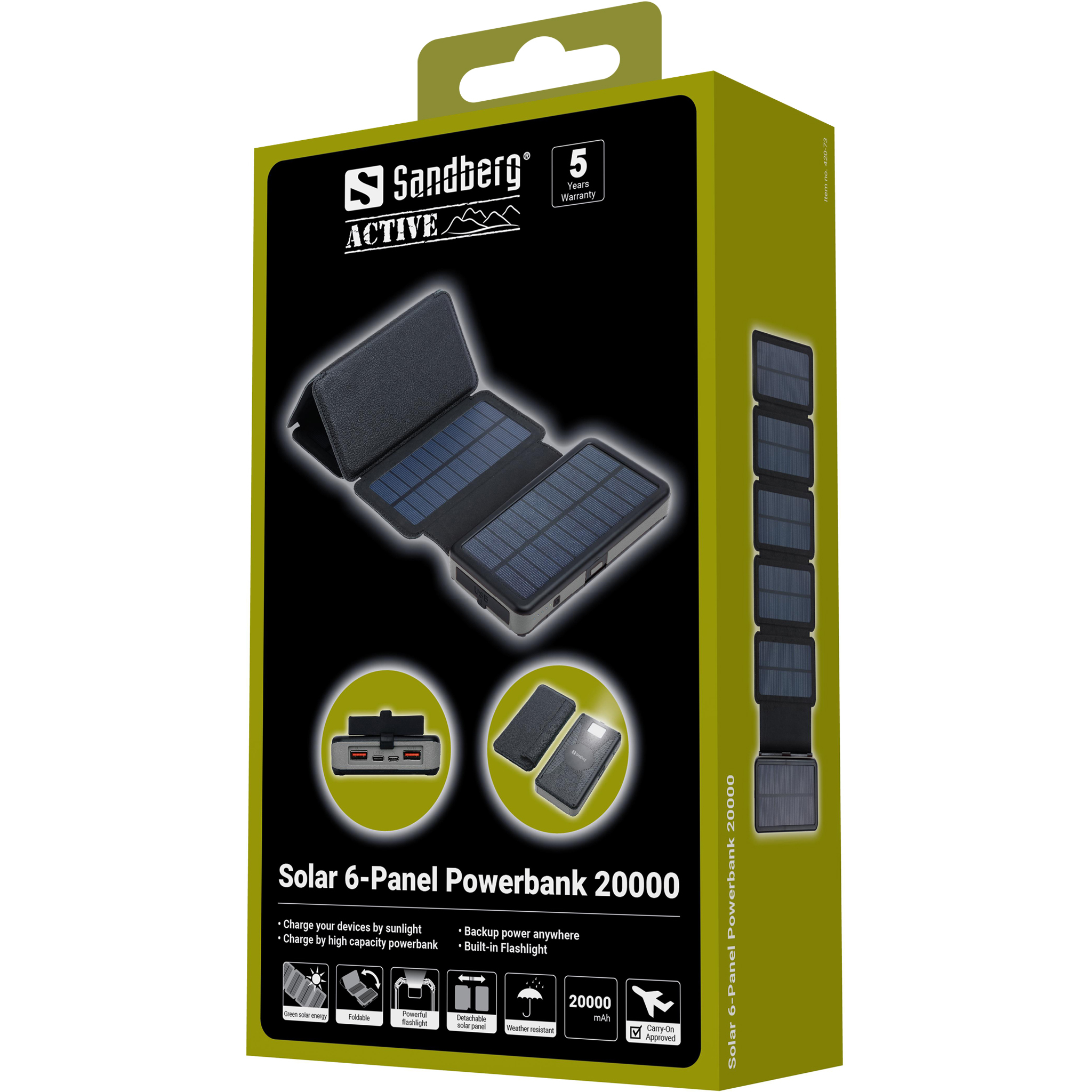SANDBERG Active 6-Panel - Solar-Powerbank - Li-Pol - 20000 mAh - 74 Wh - 3 A - PD - 3 Ausgabeanschlussstellen, Ansicht 2