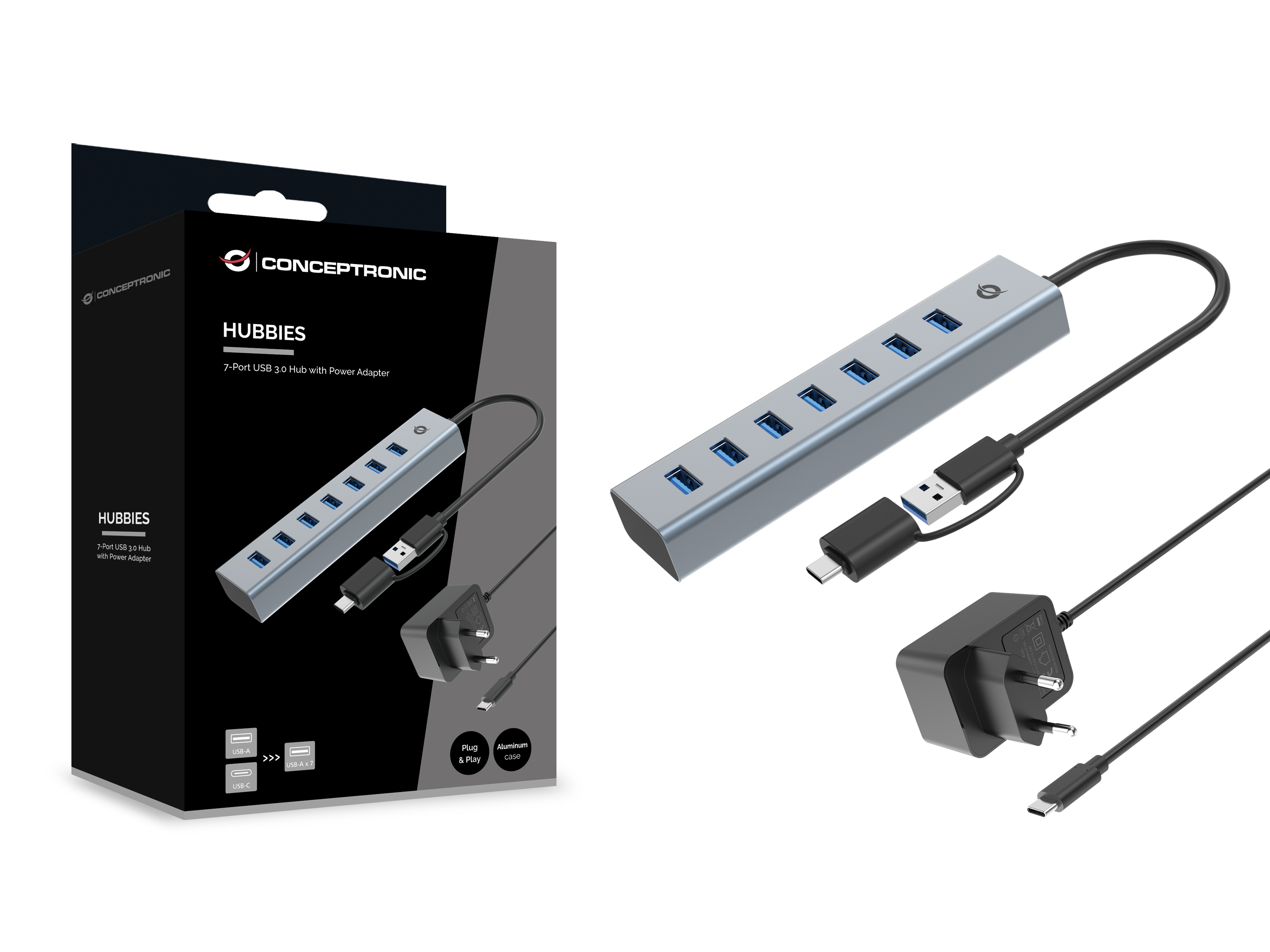 Conceptronic USB-Hub 7-Port 3.0 ->7x3.0+TypC 5Gbps m.Nz gr, Ansicht 4