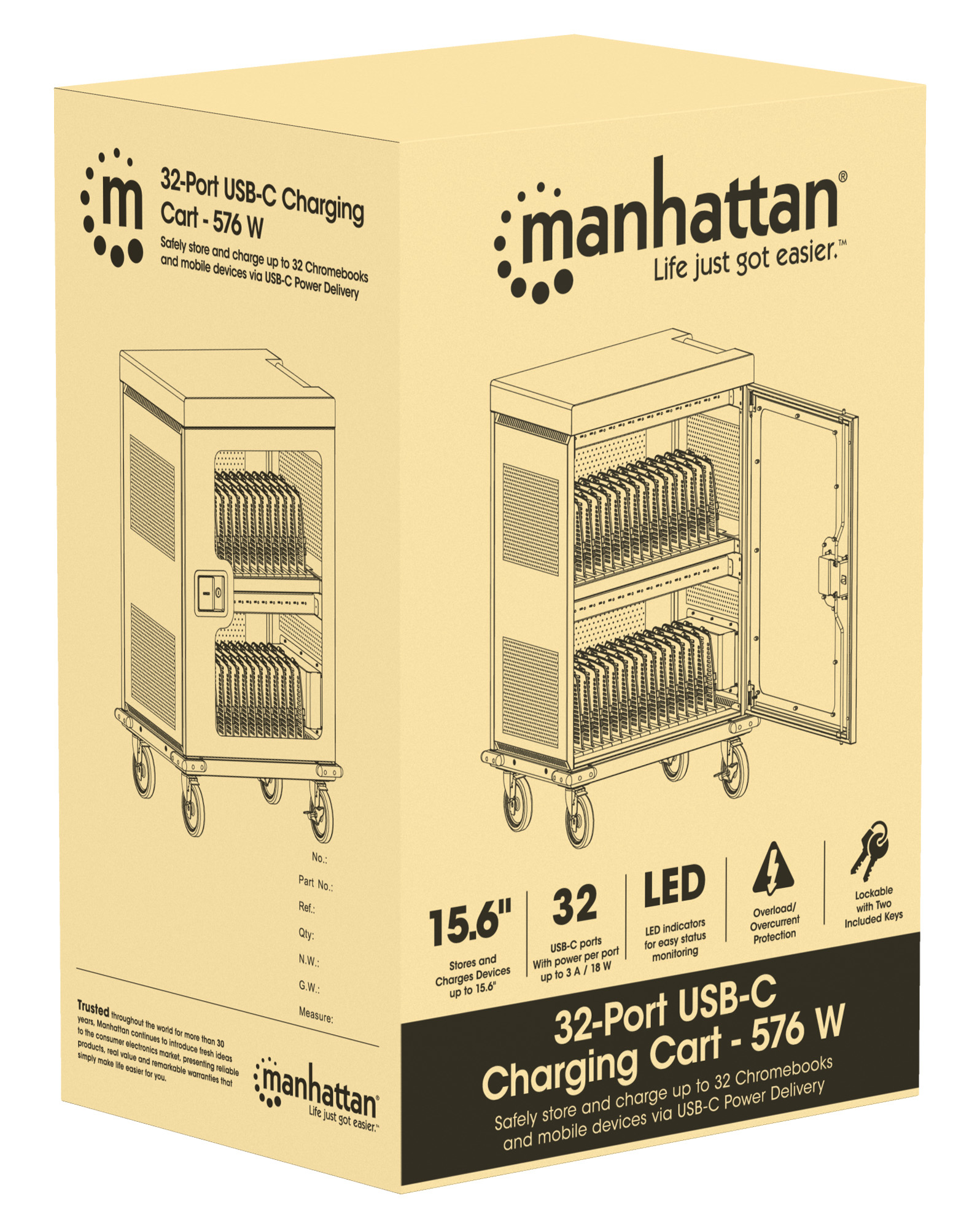Manhattan Charging Cabinet/Cart via USB-C x32 Devices, Trolley, Power Delivery 18W per port (576W total) - grau, Ansicht 3