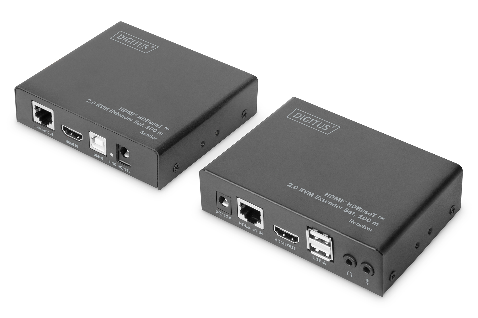 DIGITUS 4K HDMI HDBaseT™ 2.0 KVM Extender Set, 100 m, Sender und Empfänger, Kabelgebunden, 100 m, Cat5e, 4096 x 2160 Pixel, 36 Bit