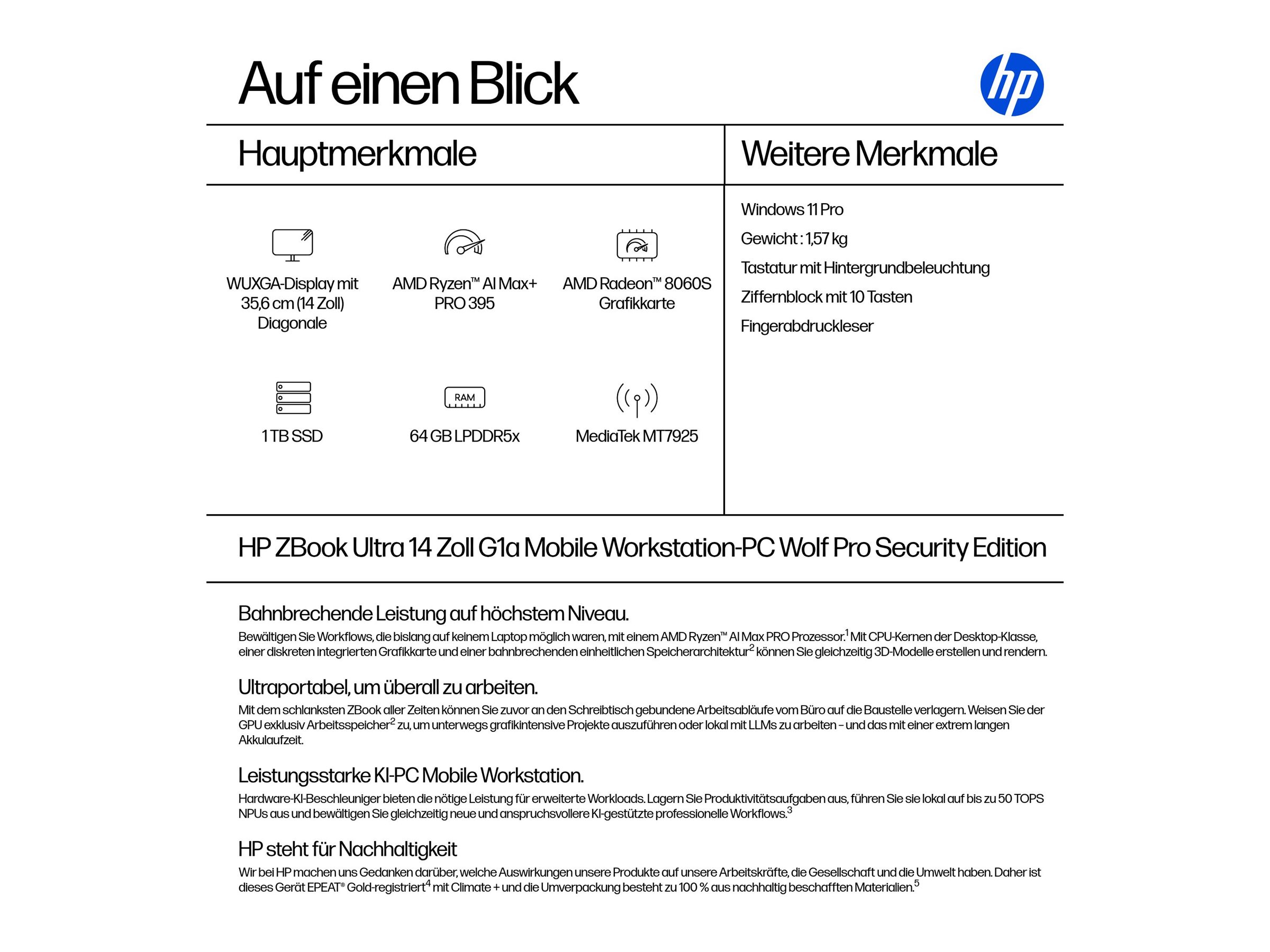HP ZBook Ultra G1a Mobile Workstation - AMD Ryzen AI Max+ 395 - Win 11 Pro - Radeon 8060S - 64 GB RAM - 1 TB SSD NVMe, TLC - 35.6 cm (14")