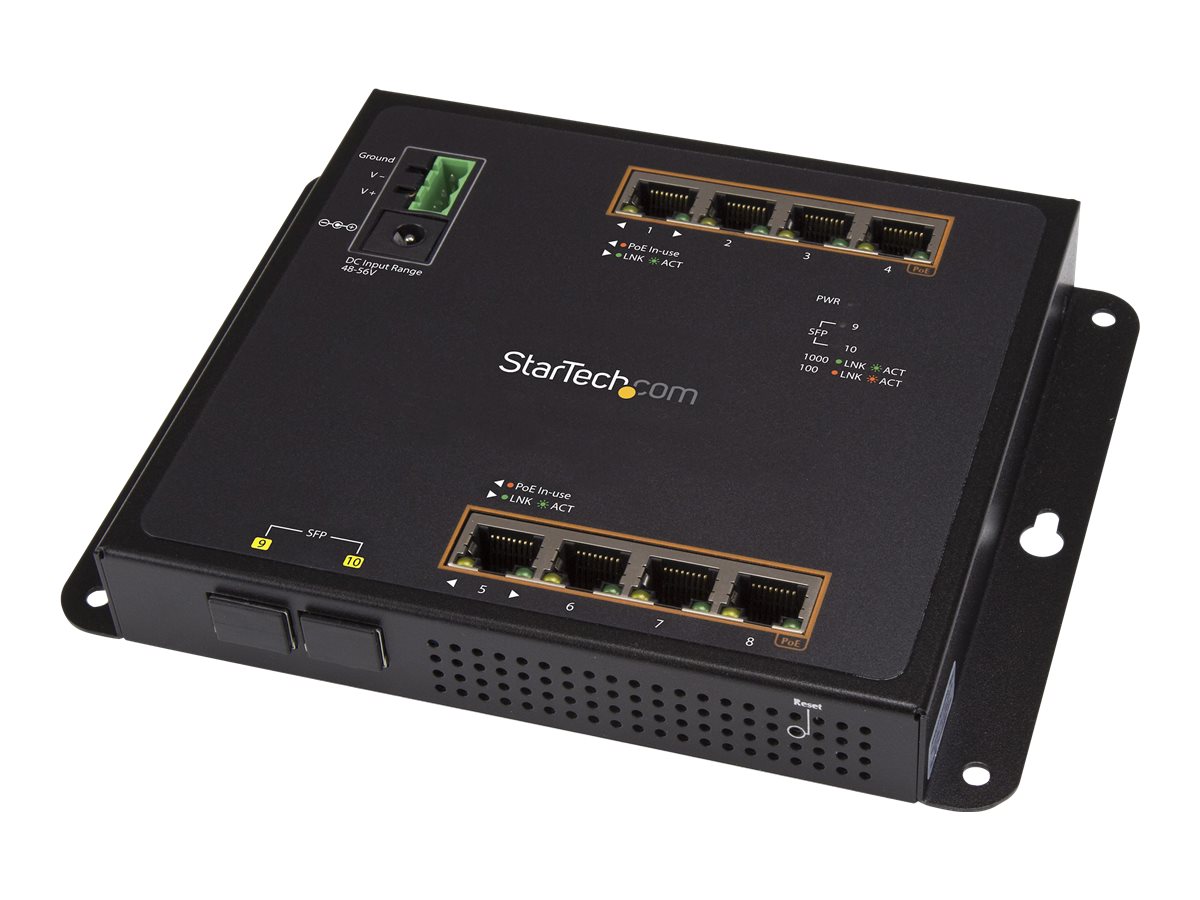 StarTech.com Startech 8 Port PoE+ Gigabit Ethernet Switch plus 2 SFP Ports - Industrieller Managed Gigabit Switch - Wandmontage mit Front Zugriff - Switch - managed - 8 x 10/100/1000 (PoE+)
