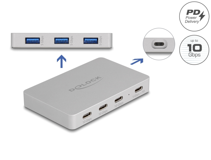 Delock Hub - with Power Delivery 82 Watt - 3 x USB-C 3.2 Gen 2 + 3 x SuperSpeed USB + 1 x USB-C (Spannungsversorgung), Ansicht 3