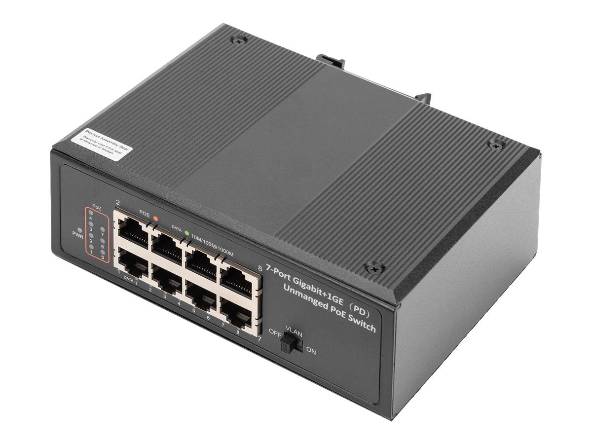 DIGITUS 7 Port Gigabit Ethernet Netzwerk PoE Switch, Industrial, Unmanaged, 1PD Port