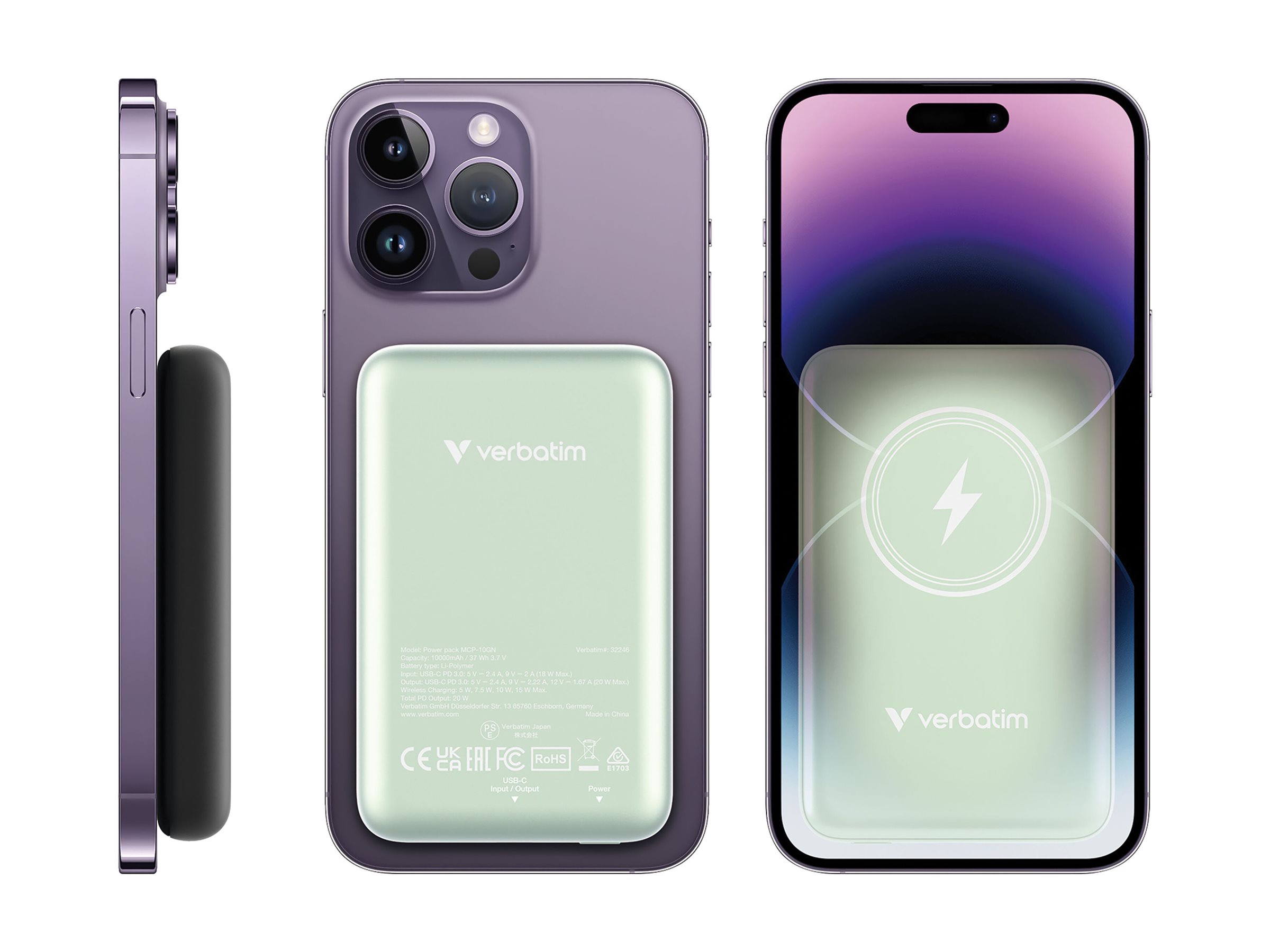Verbatim Charge 'n' Go - Induktive Power Bank - Magnethalterung - Li-Pol - 10000 mAh - 20 Watt - 2.4 A, Ansicht 3
