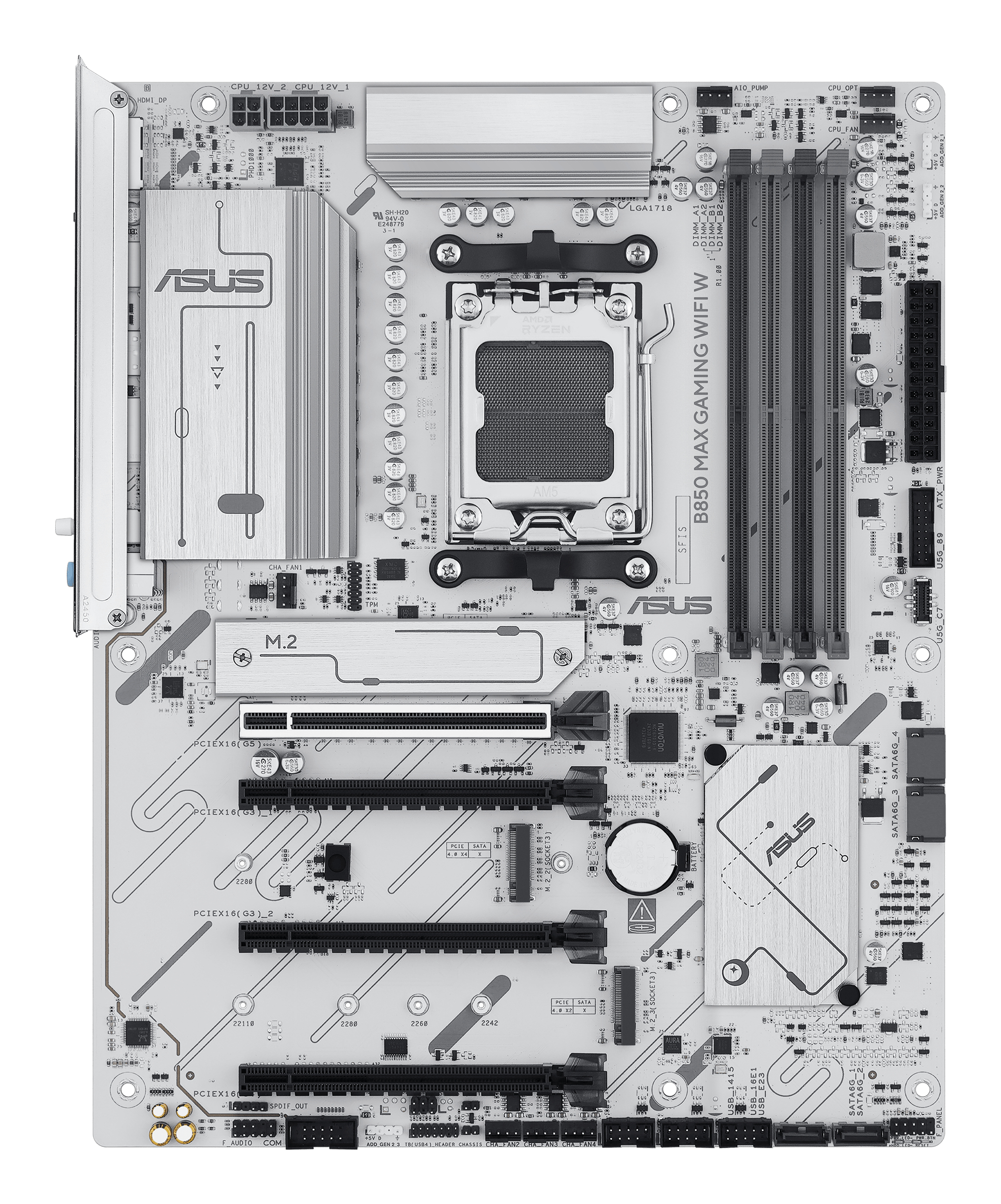 ASUS B850 MAX GAMING WIFI W - Motherboard - ATX - Socket AM5 - AMD B850 Chipsatz - Wi-Fi 6E, Bluetooth, 2.5 Gigabit LAN, Ansicht 3