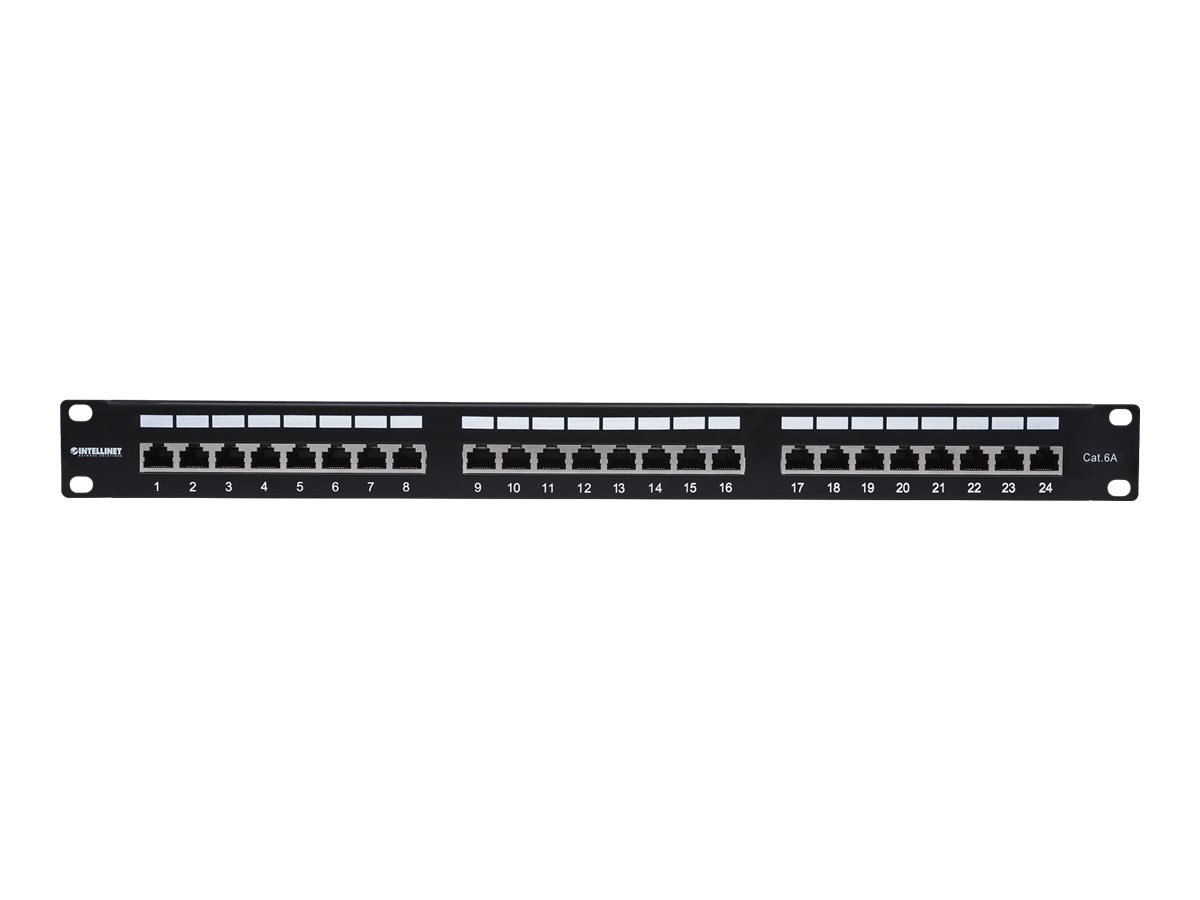 Intellinet 24-Port Cat6a Patchpanel, geschirmt, 24 Ports, FTP, 1 HE, Klemmleisten mit 90 Grad abgewinkelten Kabeleinführungen, schwarz - Patch Panel - CAT 6a - FTP - RJ-45 X 24 - Schwarz - 1U - 48.3 cm (19")