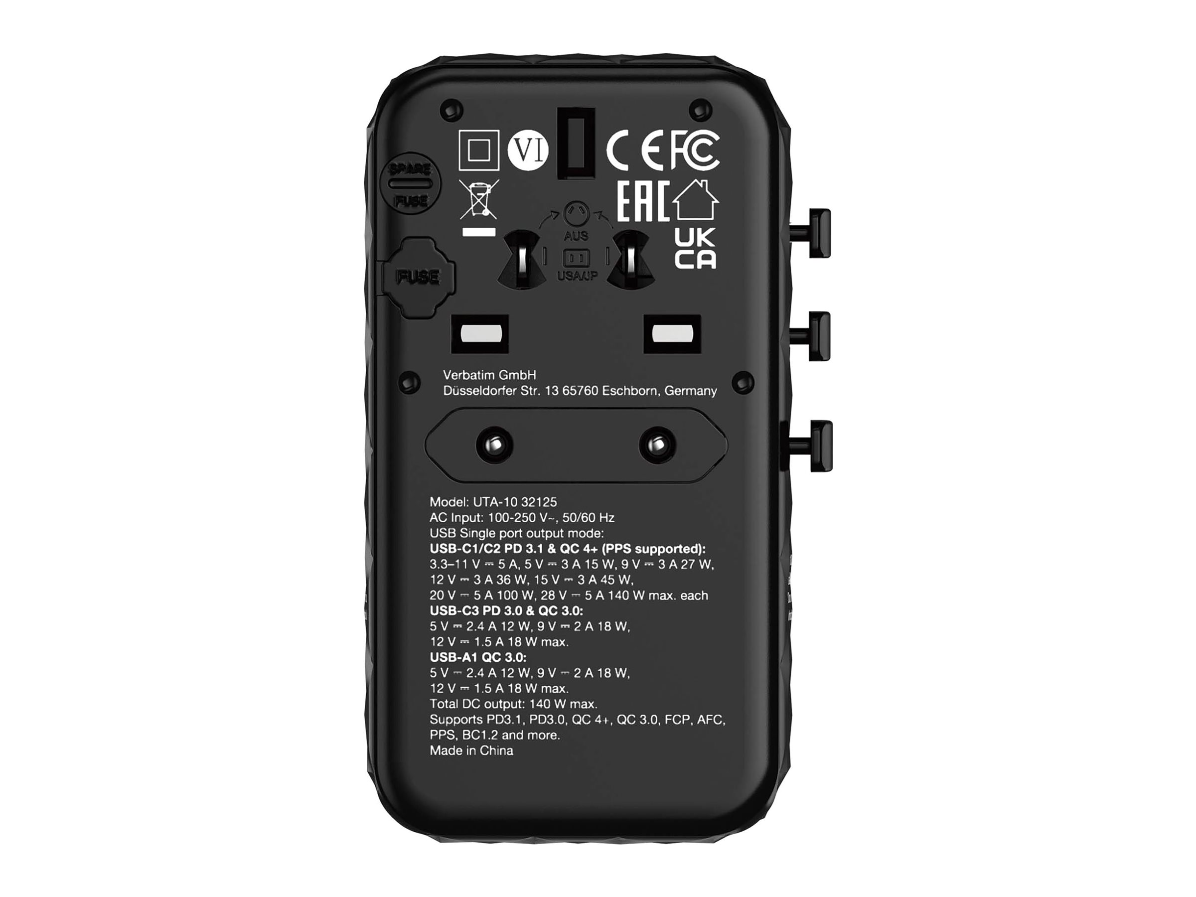 Verbatim UTA-10 - Netzteil - GaN III, Universal - 140 Watt - 10 A - Apple Fast Charge, Fast Charge, PD 3.0, QC 3.0, Ansicht 5