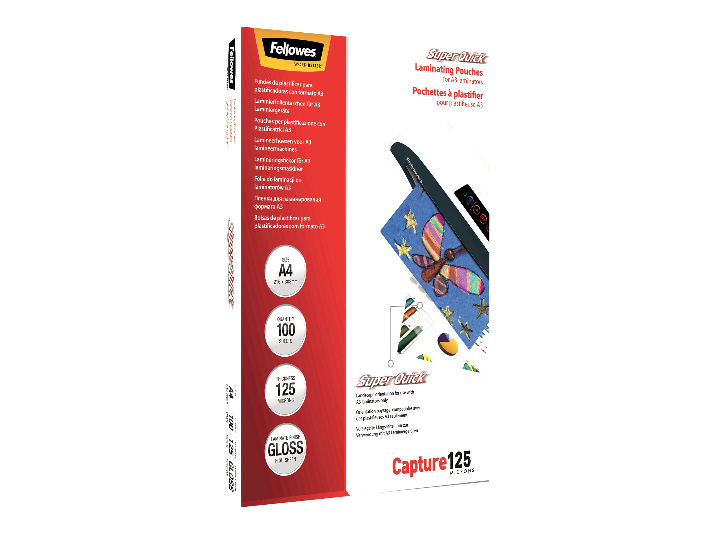 Fellowes Laminating Pouches SuperQuick Capture 125 micron - 125 Mikron - 100er-Pack - glänzend - durchsichtig - A4, Ansicht 3