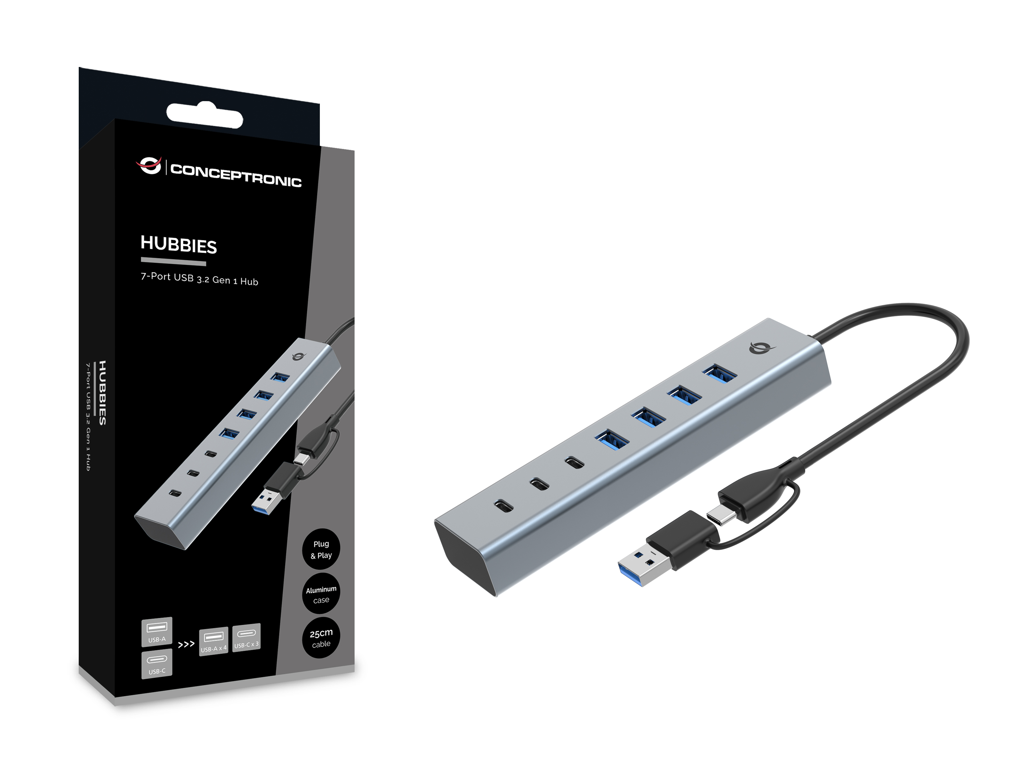 Conceptronic Usb-Hub 7-Port 3.2/C->4x3.0 3xUSB-C o.Netz. gr, Ansicht 3