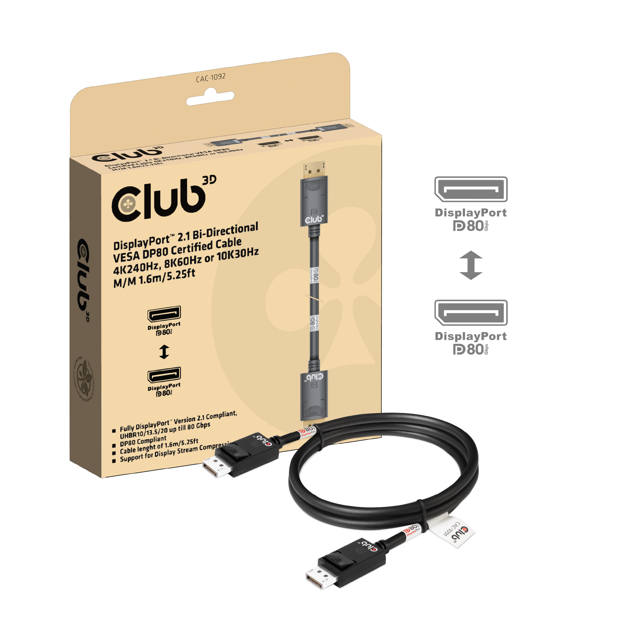 Club 3D DisplayPort-Kabel - DisplayPort (M) - eingerastet zu DisplayPort (M) eingerastet - DisplayPort 2.1 - 1.6 m, Ansicht 2