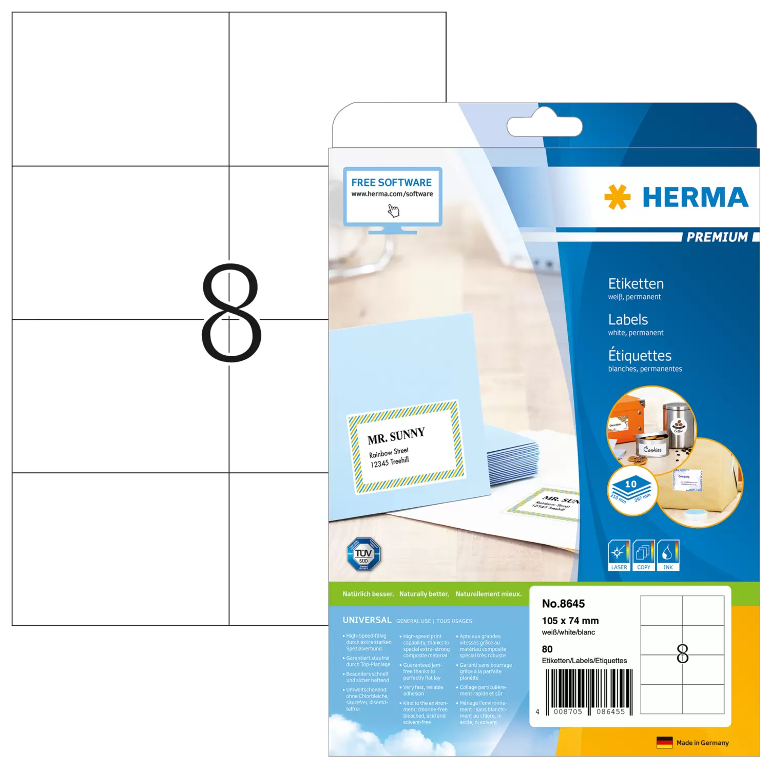 HERMA Premium - Papier - matt - permanent selbstklebend - weiß - 105 x 74 mm 80 Etikett(en) (10 Bogen x 8), Ansicht 4
