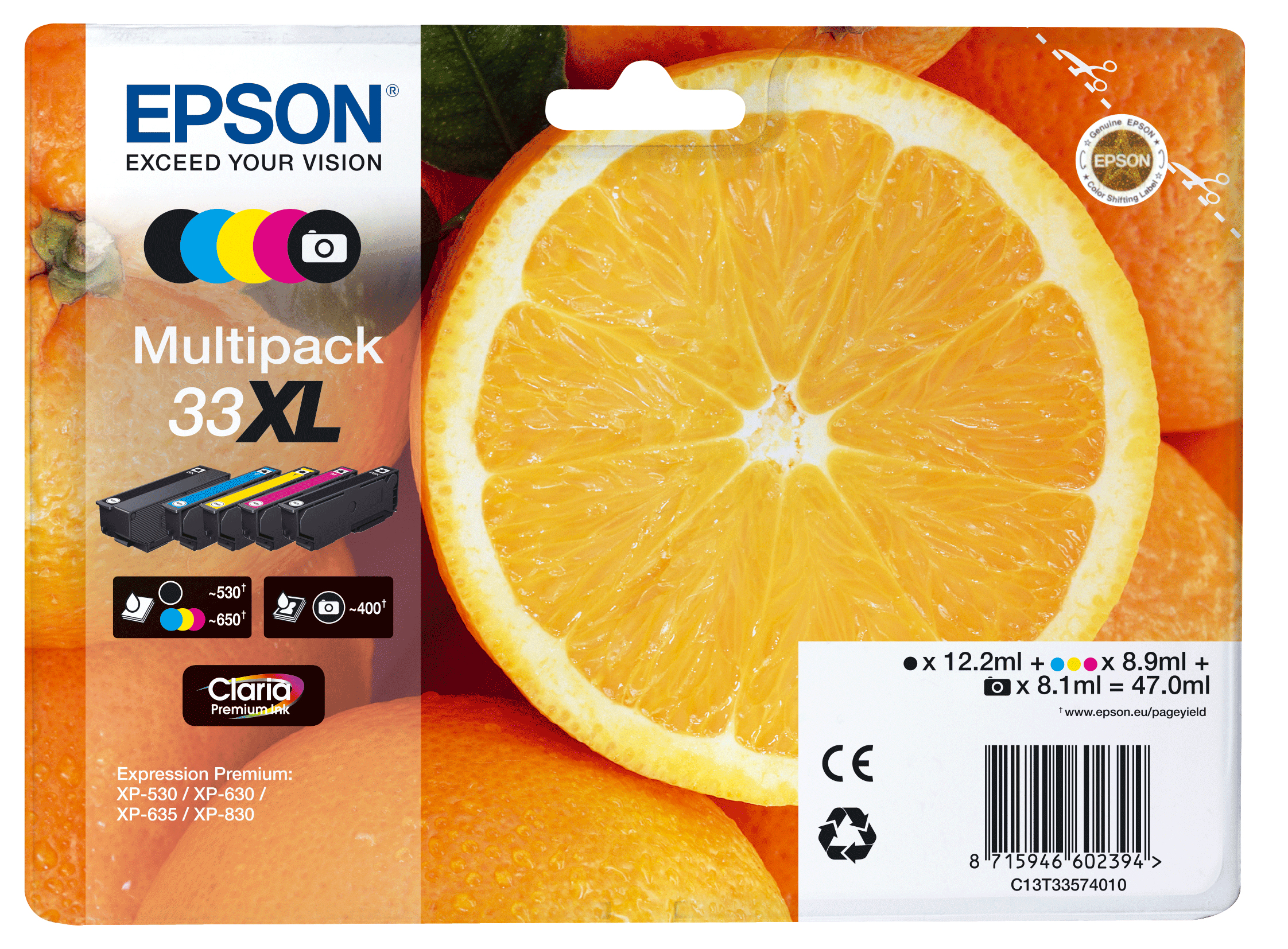 Epson Oranges Multipack 5-colours 33XL Claria Premium Ink, Hohe (XL-) Ausbeute, Tinte auf Pigmentbasis, Tinte auf Farbstoffbasis, 12,2 ml, 8,9 ml, 1 Stück(e)