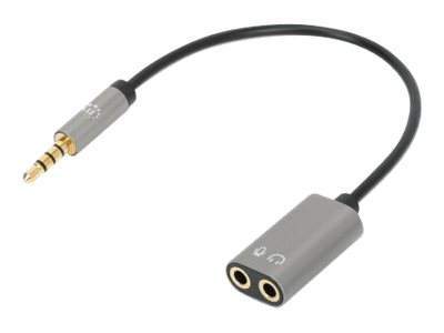Manhattan Headset Adapter Cable with Stereo Audio Y-Splitter, 3.5mm, Aux, 20cm, Male/2x Female, Splits Single 3.5 mm Jack into Microphone-in and Audio-out, Slim Design, Black/Silver, Gold plated contacts and pure oxygen-free copper wire, Lifetime Warranty