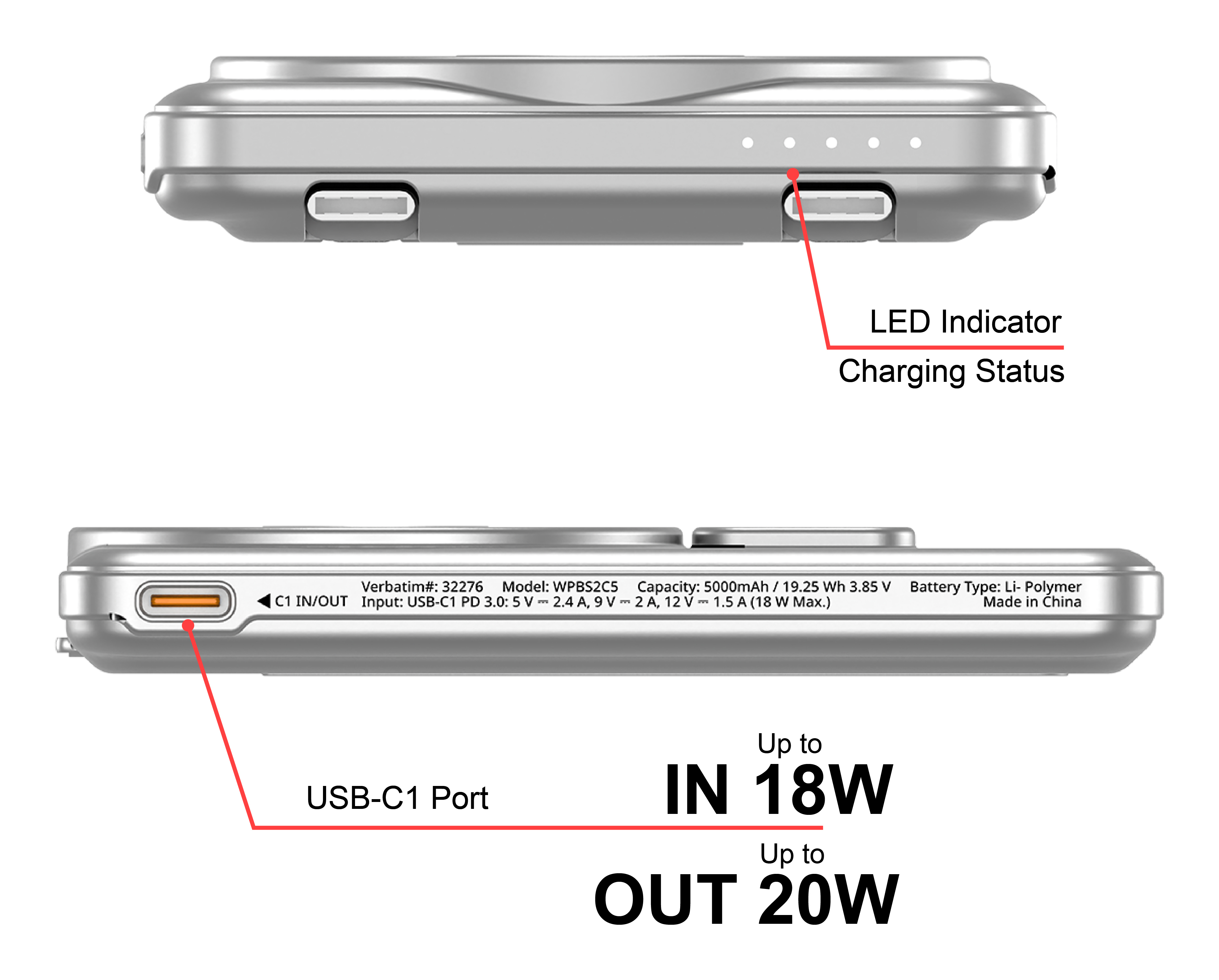 Verbatim Charge´n´ Go 2 USB-C cables 5000 Power Bank Silver, Ansicht 4