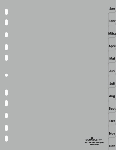 Durable 6514 - Index der Registerkarte Monate - Polypropylen (PP) - Grau - Porträt - A4 - 230 mm